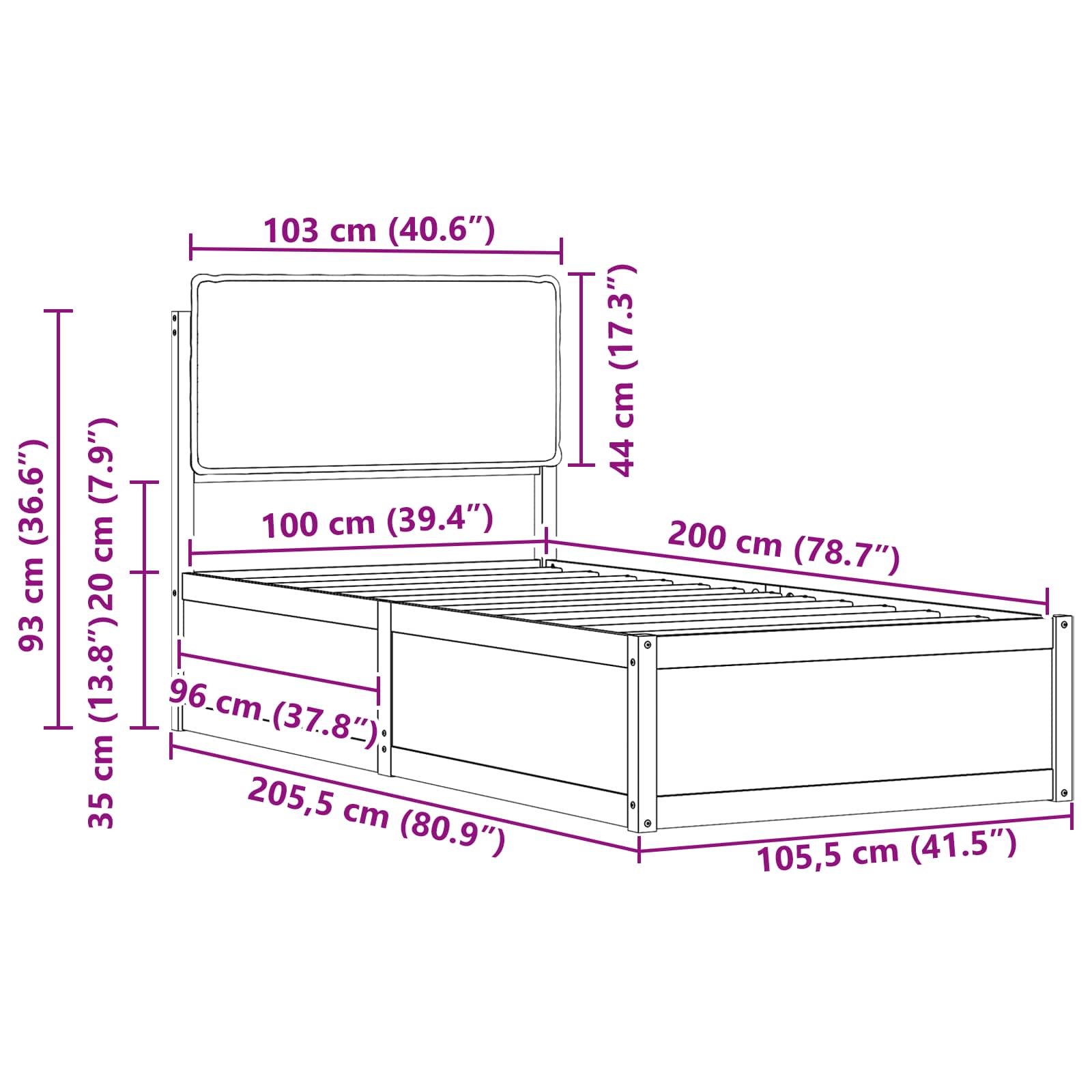 Bettgestell mit gepolstertem Kopfteil Schwarz 100 x 200 cm
