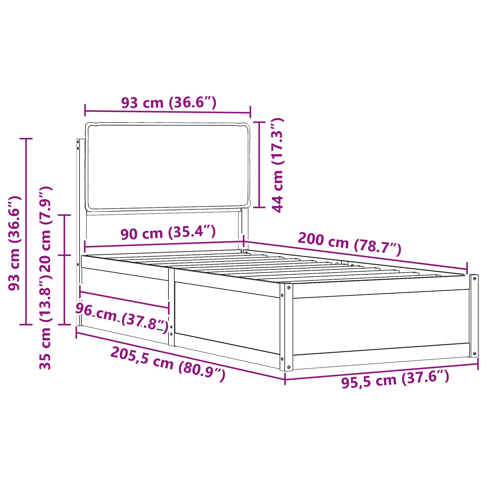 Bettgestell mit gepolstertem Kopfteil Dunkelgrau 90 x 200 cm