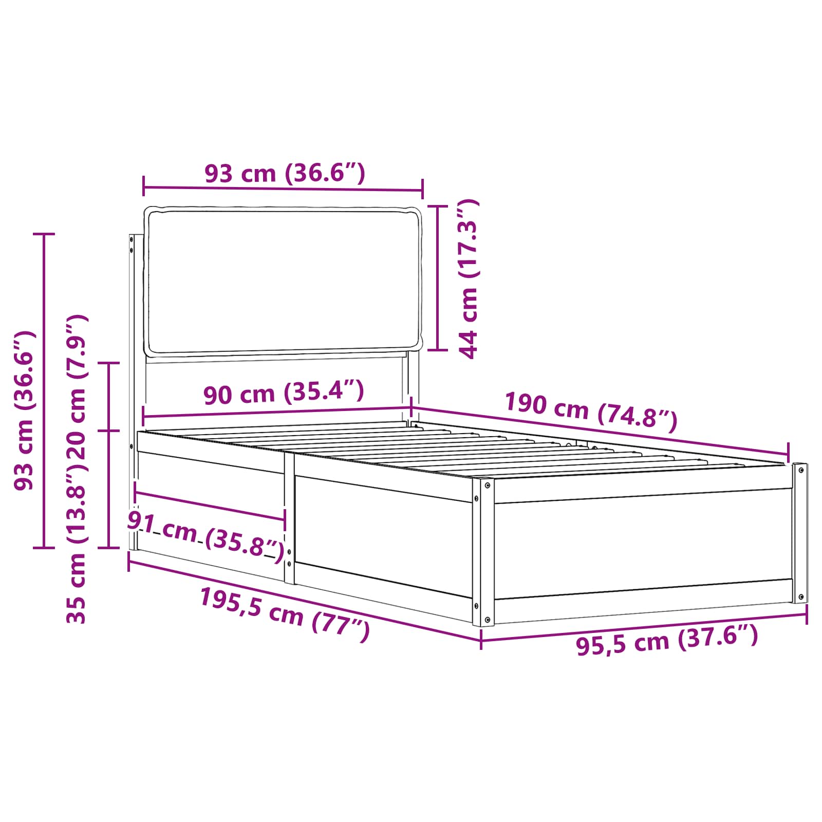 Bettgestell mit gepolstertem Kopfteil Dunkelgrau 90 x 190 cm