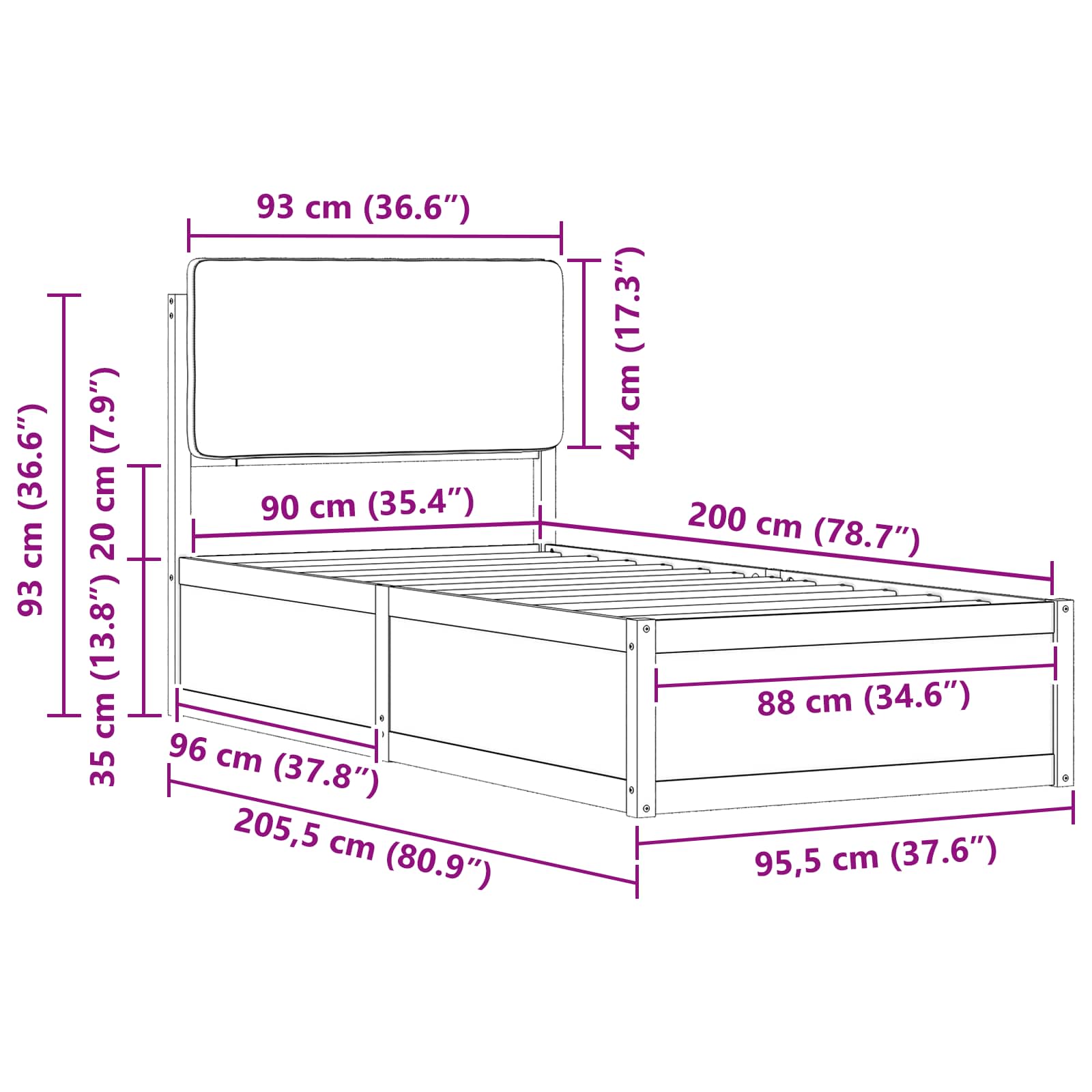 Bettgestell mit gepolstertem Kopfteil Schwarz 90 x 200 cm