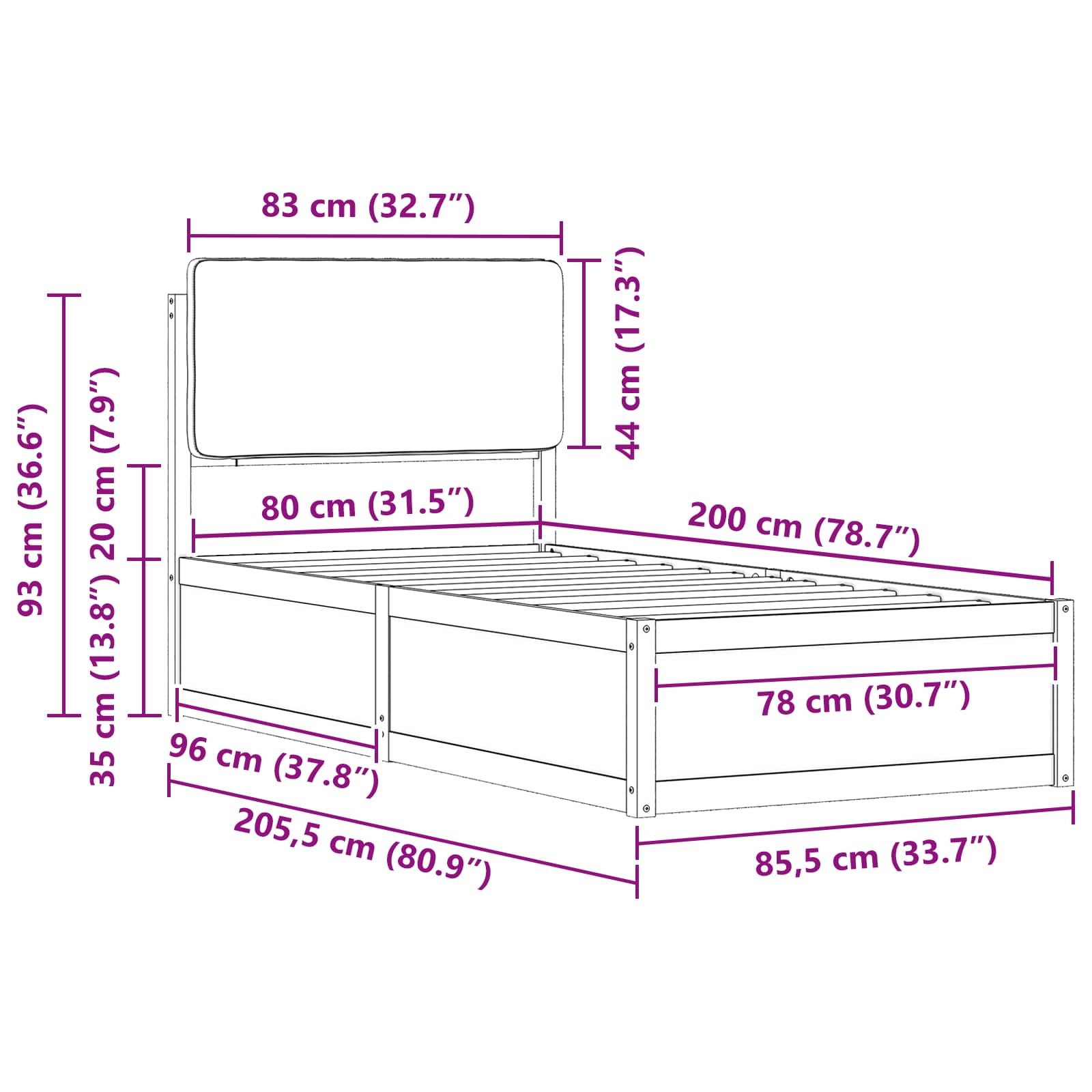 Bettgestell mit gepolstertem Kopfteil Hellgrau 80 x 200 cm