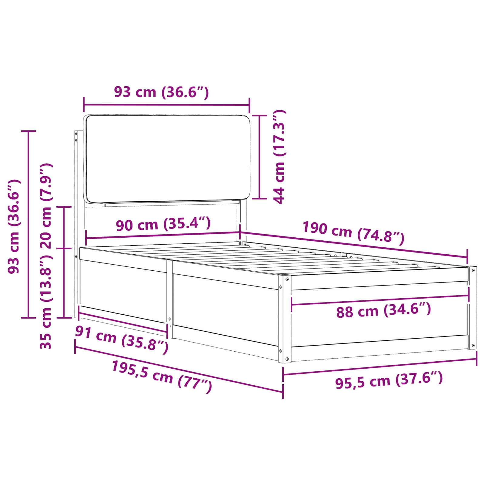 Bettgestell mit gepolstertem Kopfteil Dunkelgrau 90 x 190 cm