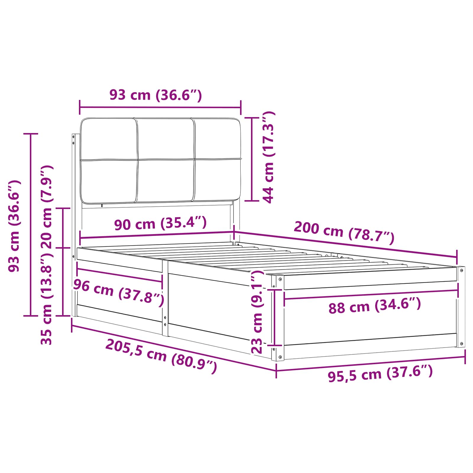 Bettgestell mit gepolstertem Kopfteil Dunkelgrau 90 x 200 cm