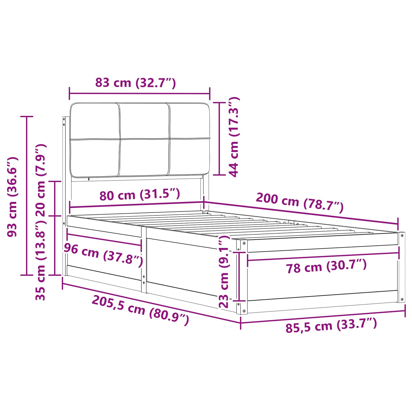 Bettgestell mit gepolstertem Kopfteil Schwarz 80 x 200 cm