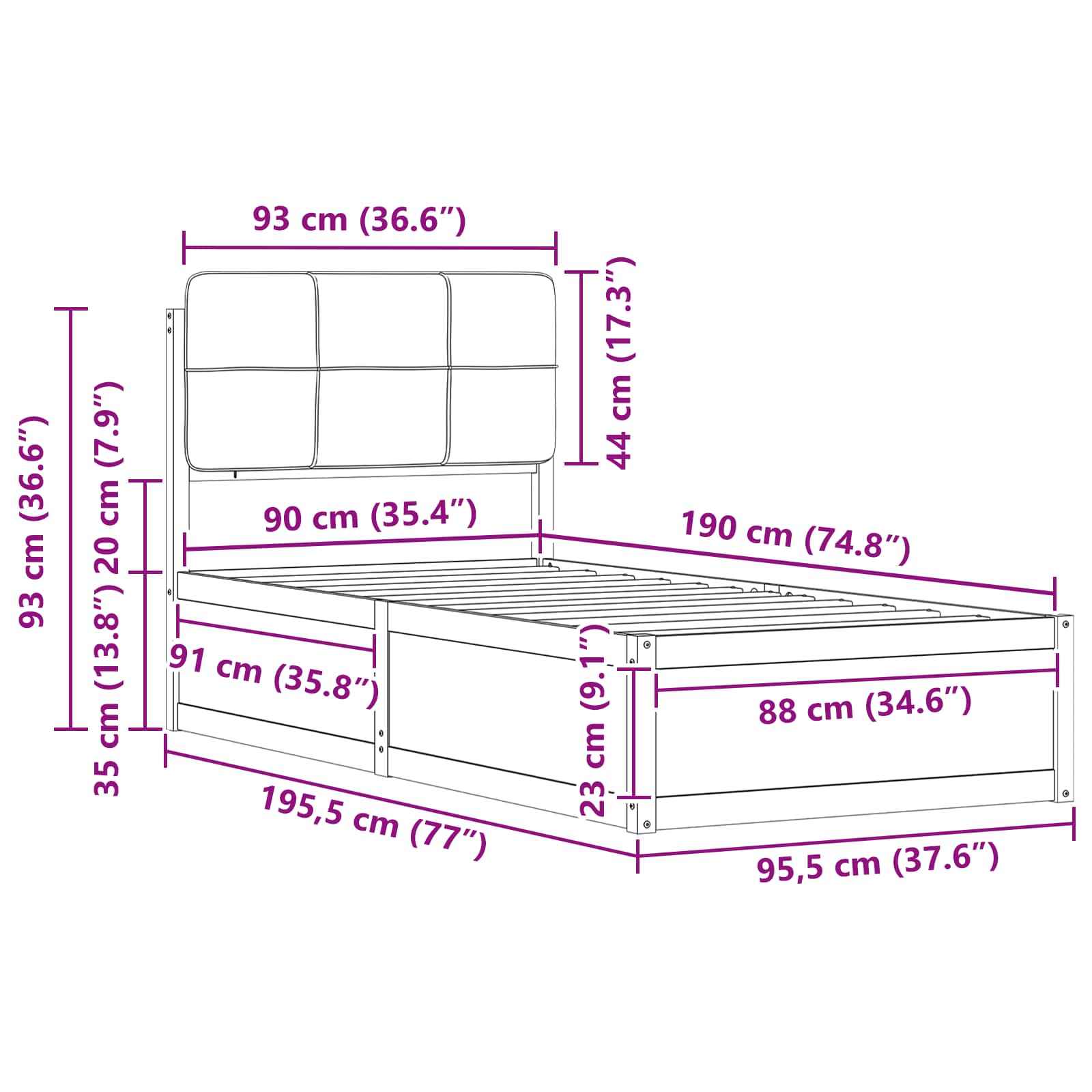 Bettgestell mit gepolstertem Kopfteil Hellgrau 90 x 190 cm