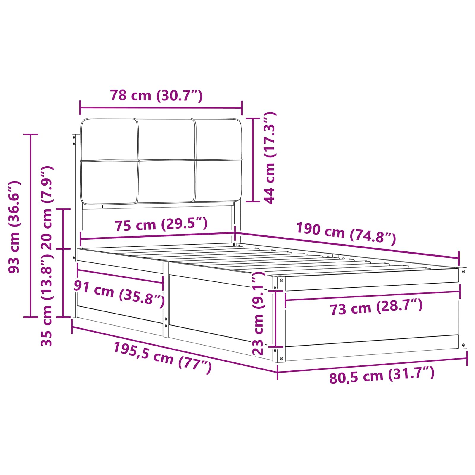 Bettgestell mit gepolstertem Kopfteil Hellgrau 75 x 190 cm