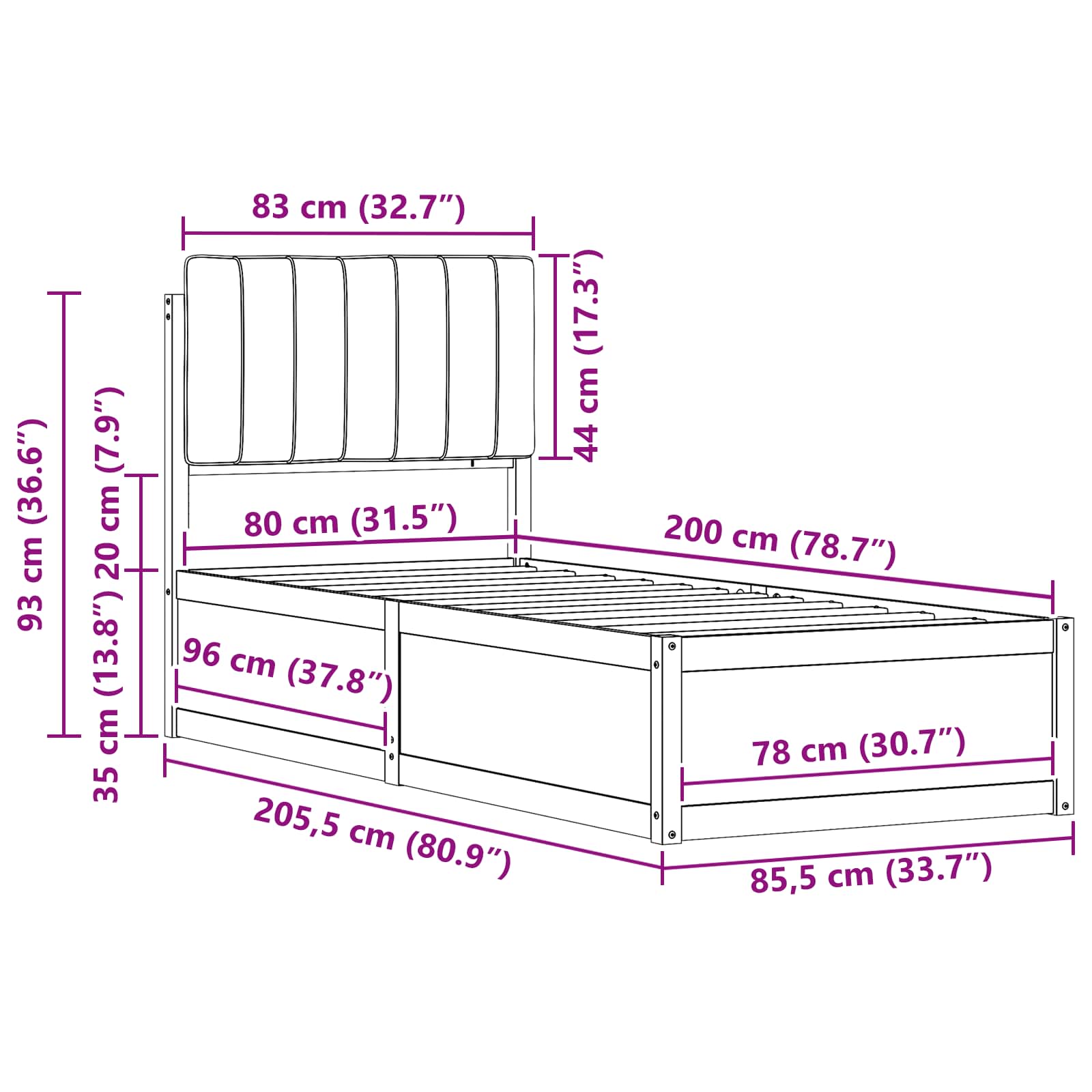Bettgestell mit gepolstertem Kopfteil Schwarz 80 x 200 cm