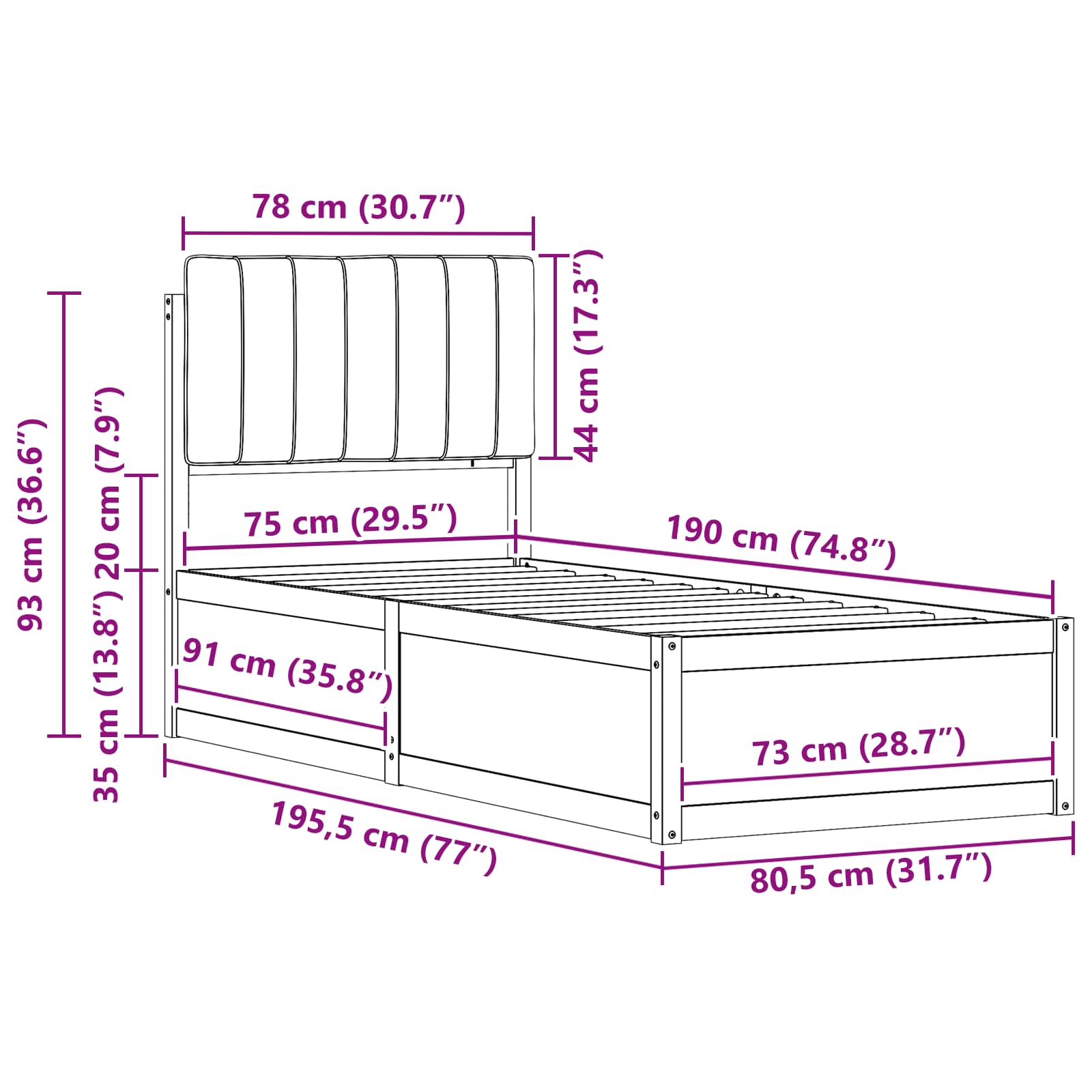 Bettgestell mit gepolstertem Kopfteil Schwarz 75 x 190 cm