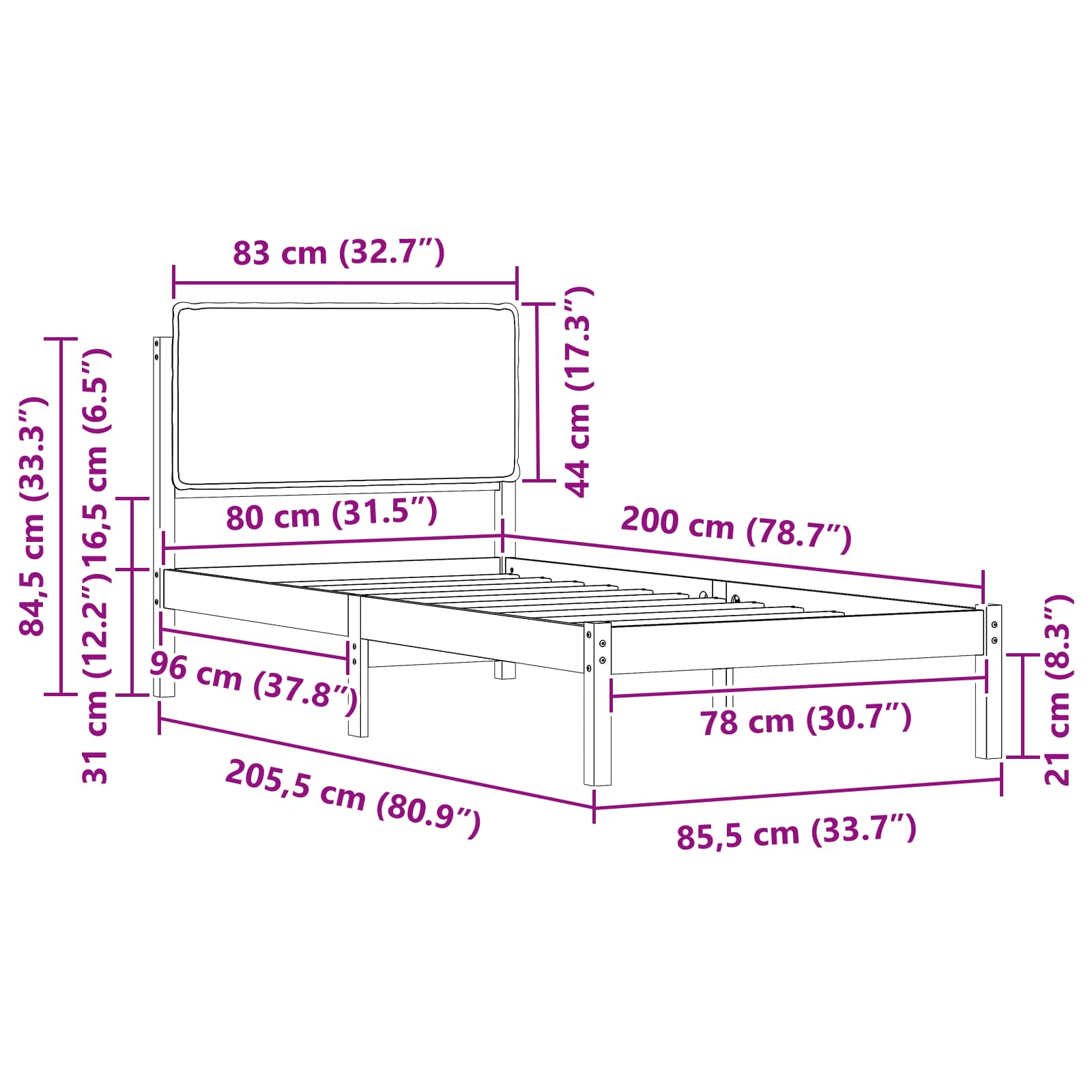 Bettgestell mit gepolstertem Kopfteil Hellgrau 80 x 200 cm