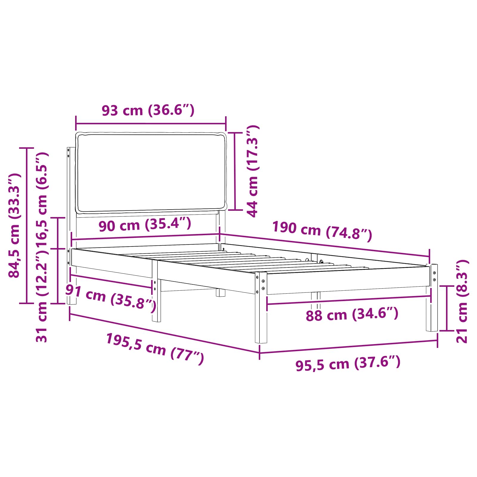 Bettgestell mit gepolstertem Kopfteil Schwarz 90 x 190 cm