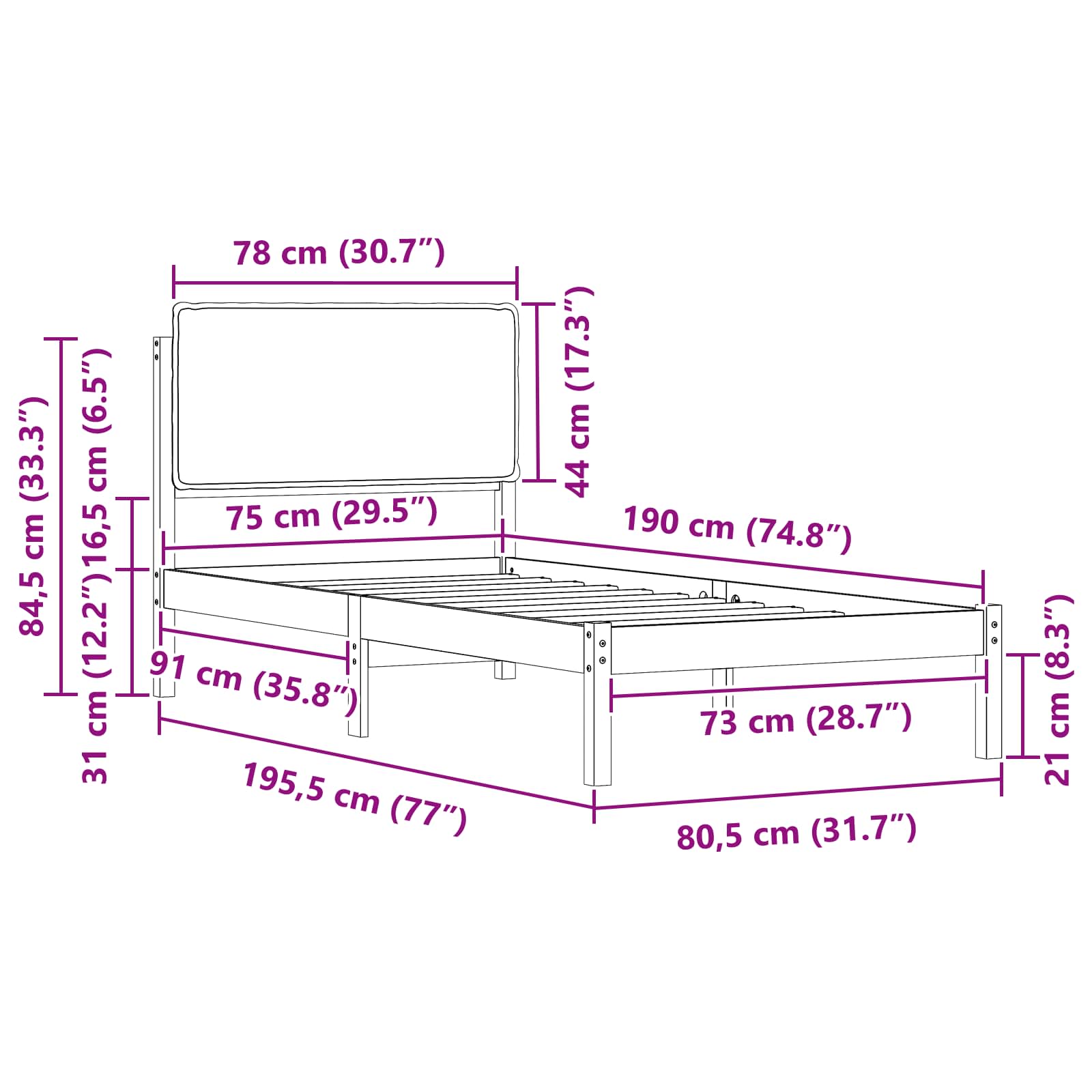 Bettgestell mit gepolstertem Kopfteil Hellgrau 75 x 190 cm