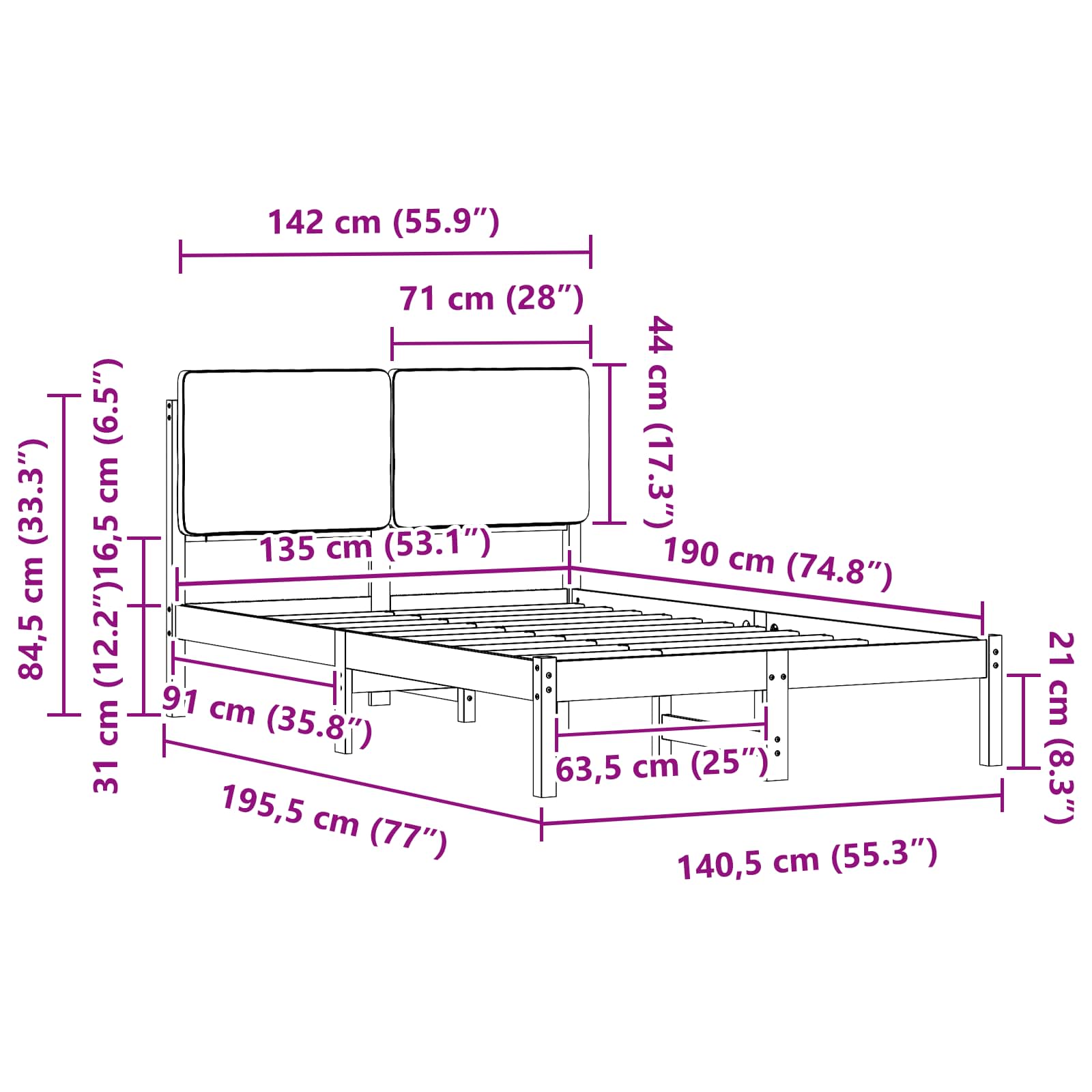 Bettgestell mit gepolstertem Kopfteil Schwarz 135 x 190 cm