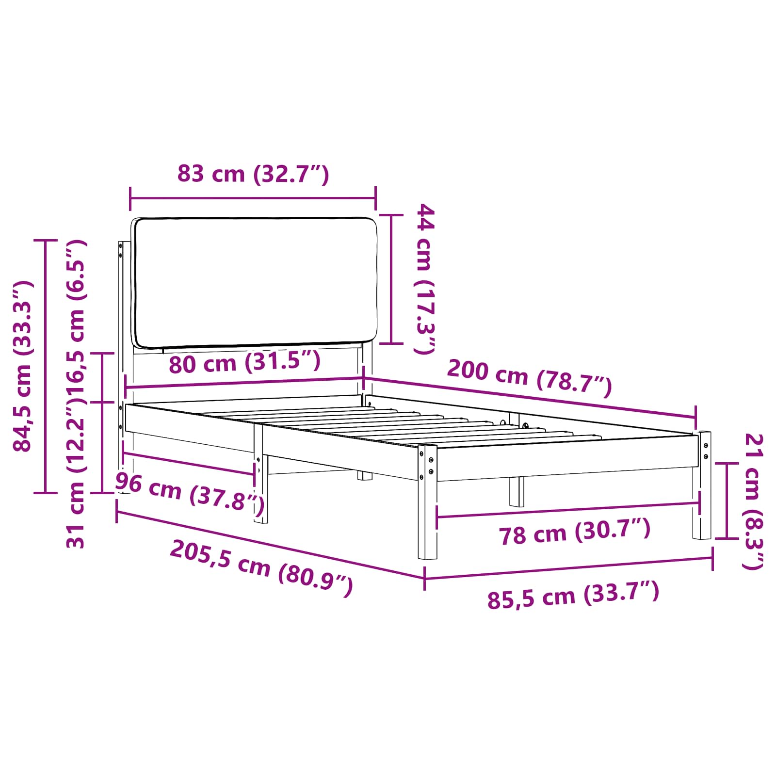 Bettgestell mit gepolstertem Kopfteil Hellgrau 80 x 200 cm