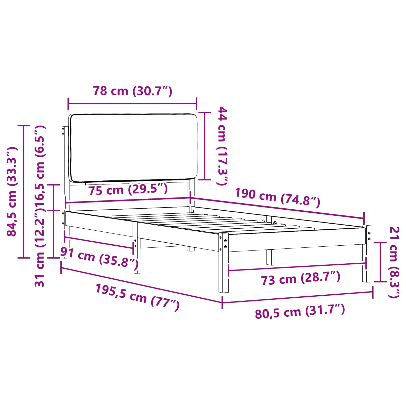 Bettgestell mit gepolstertem Kopfteil Hellgrau 75 x 190 cm