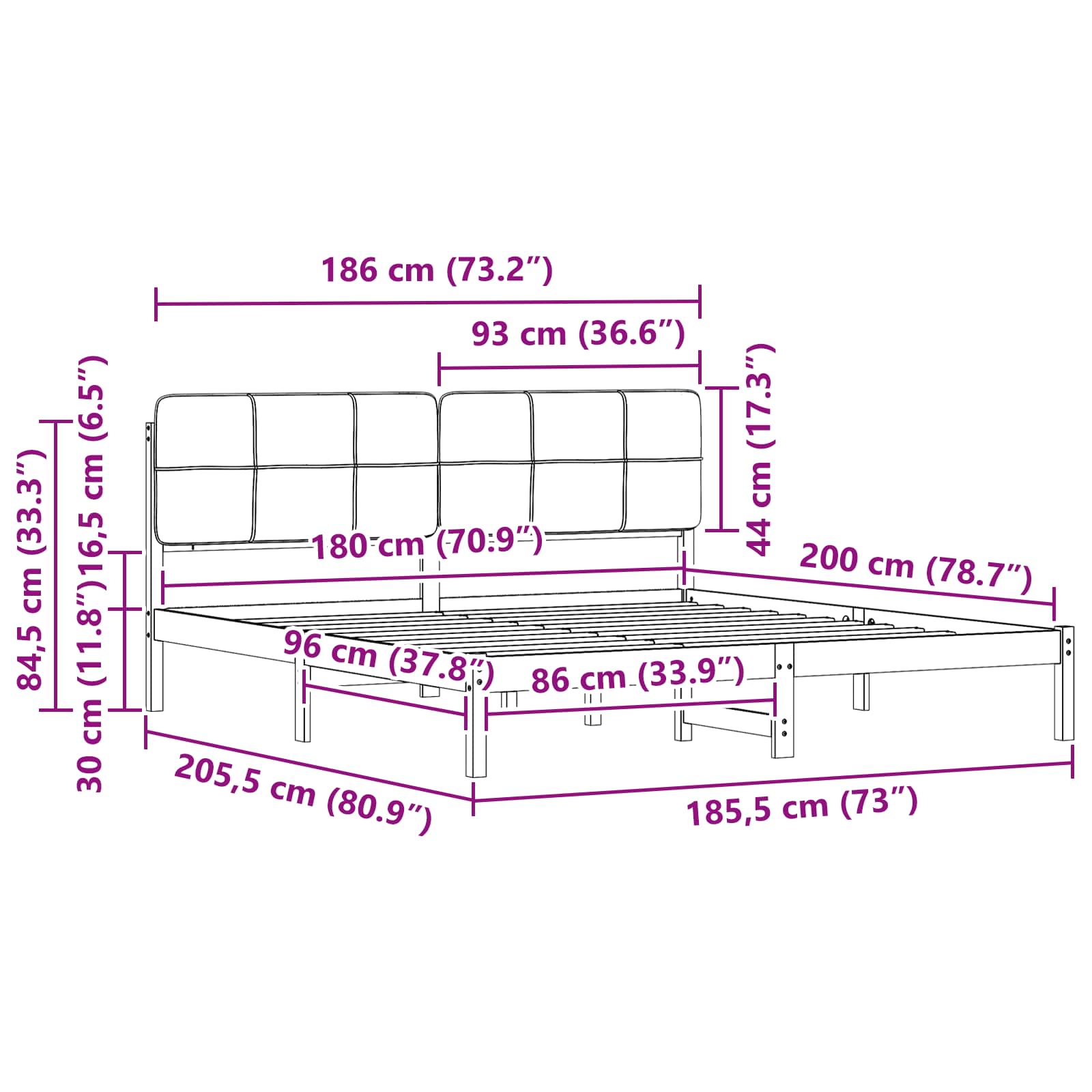 Bettgestell mit gepolstertem Kopfteil Schwarz 180 x 200 cm