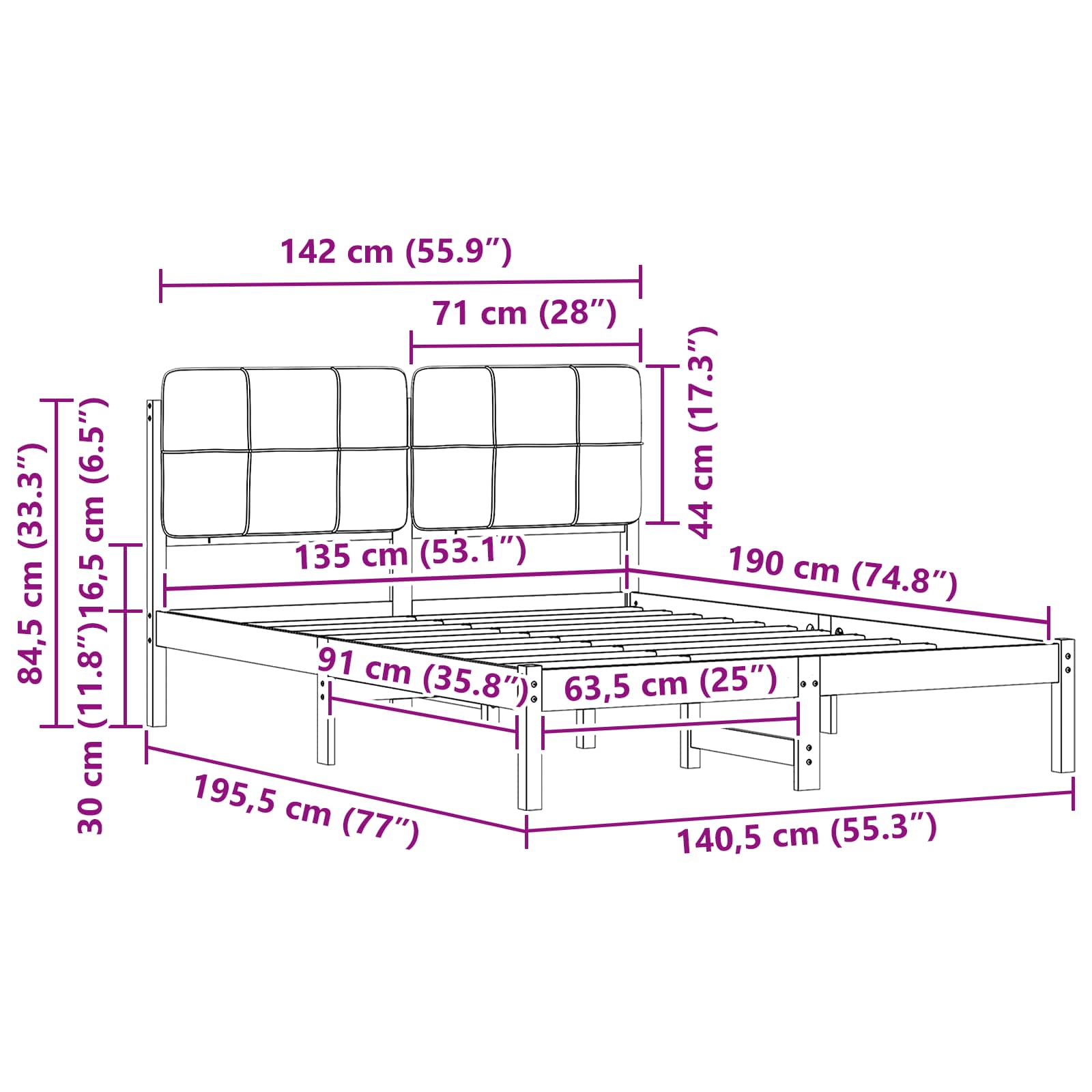 Bettgestell mit gepolstertem Kopfteil Hellgrau 135 x 190 cm