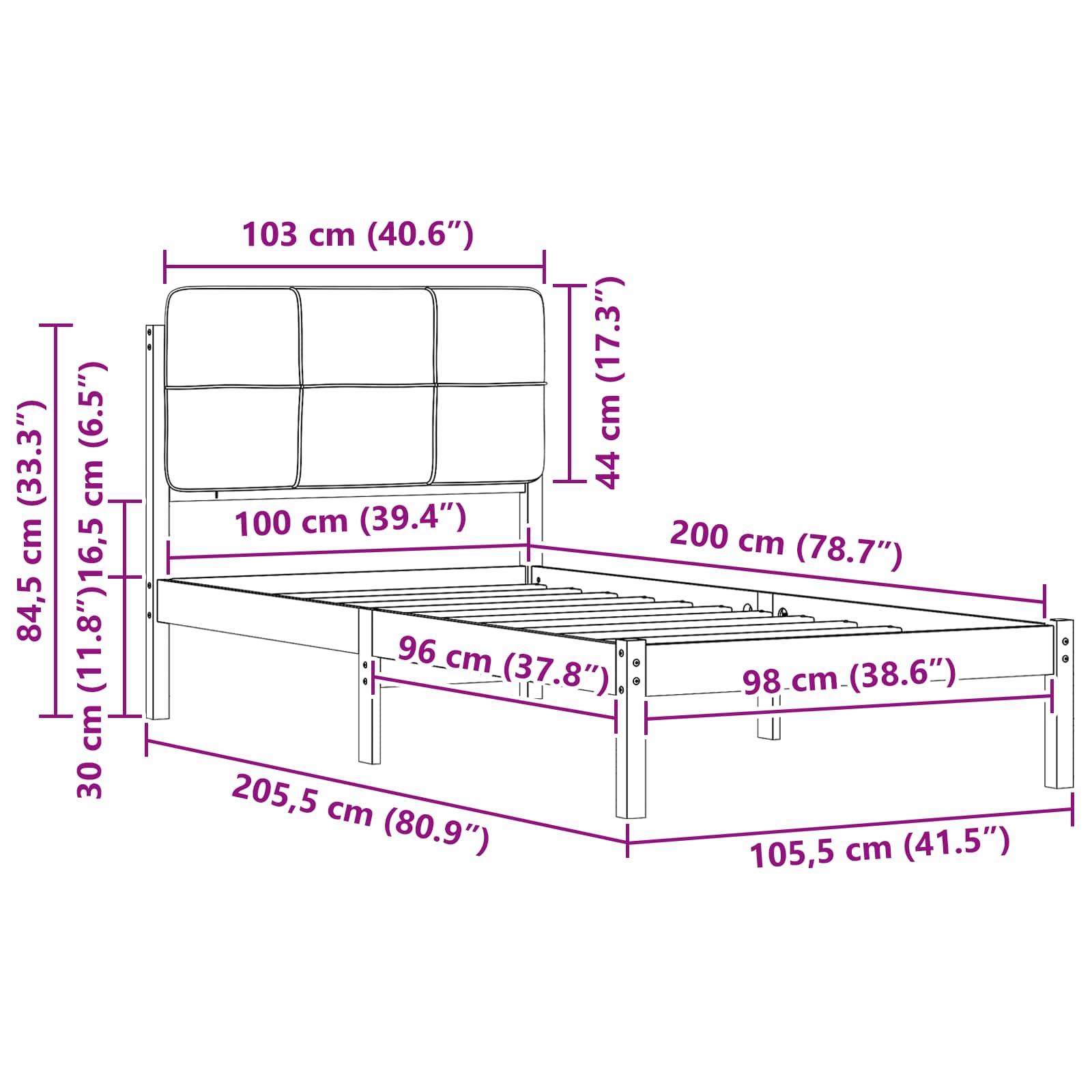 Bettgestell mit gepolstertem Kopfteil Hellgrau 100 x 200 cm
