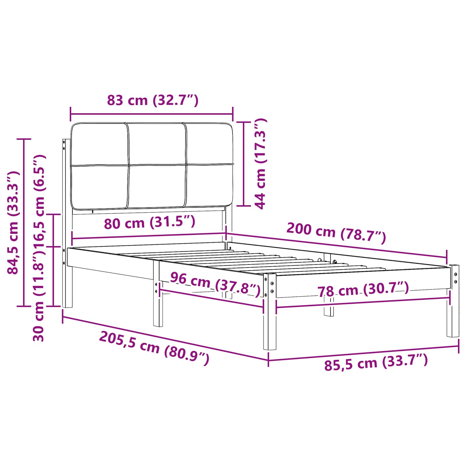 Bettgestell mit gepolstertem Kopfteil Schwarz 80 x 200 cm