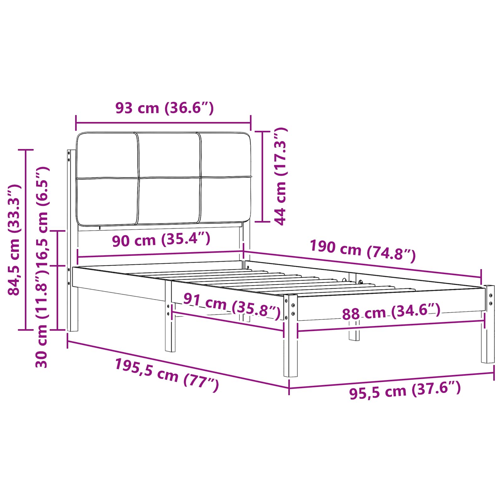 Bettgestell mit gepolstertem Kopfteil Schwarz 90 x 190 cm