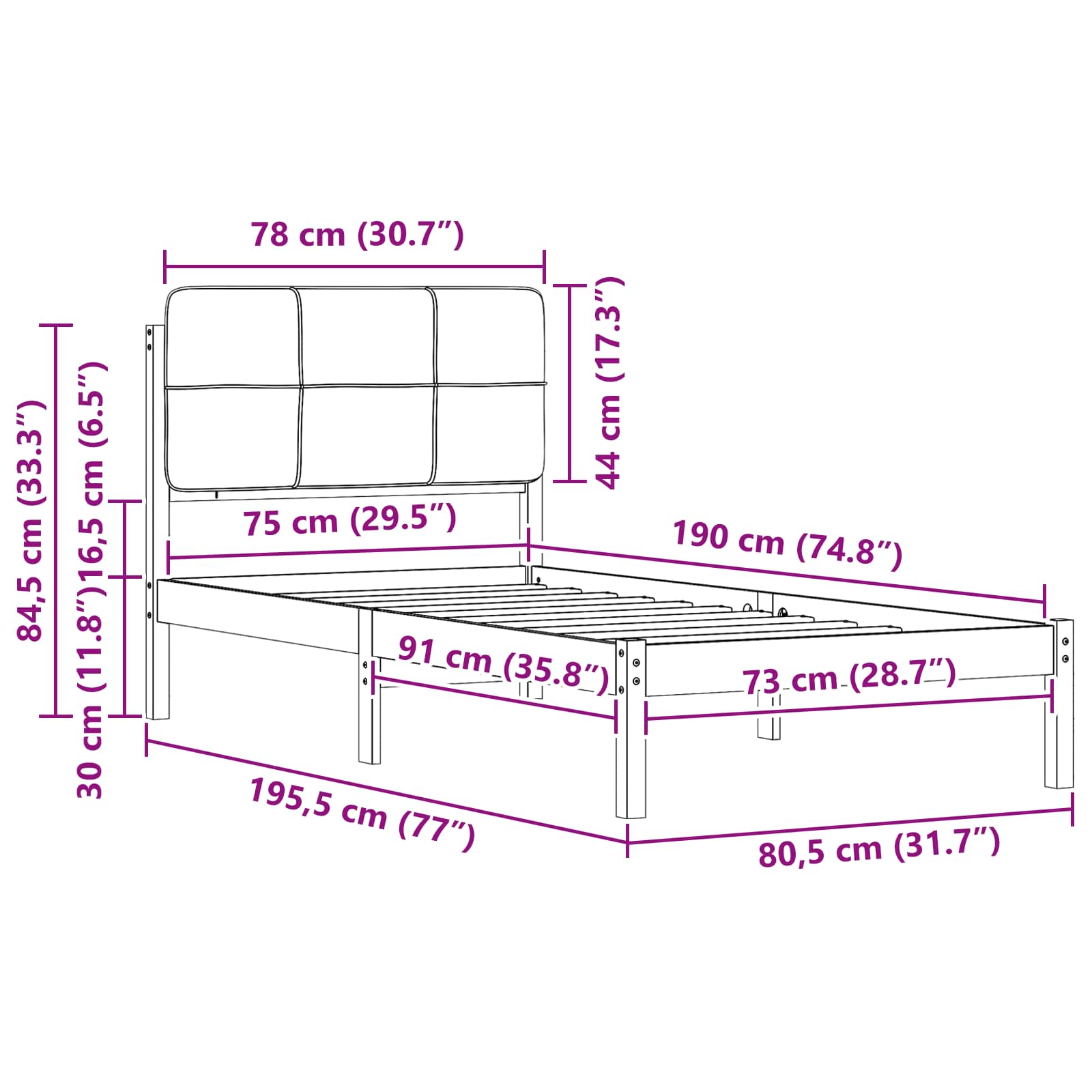Bettgestell mit gepolstertem Kopfteil Dunkelgrau 75 x 190 cm