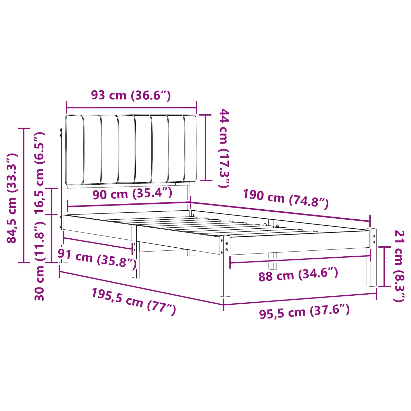 Bettgestell mit gepolstertem Kopfteil Schwarz 90 x 190 cm