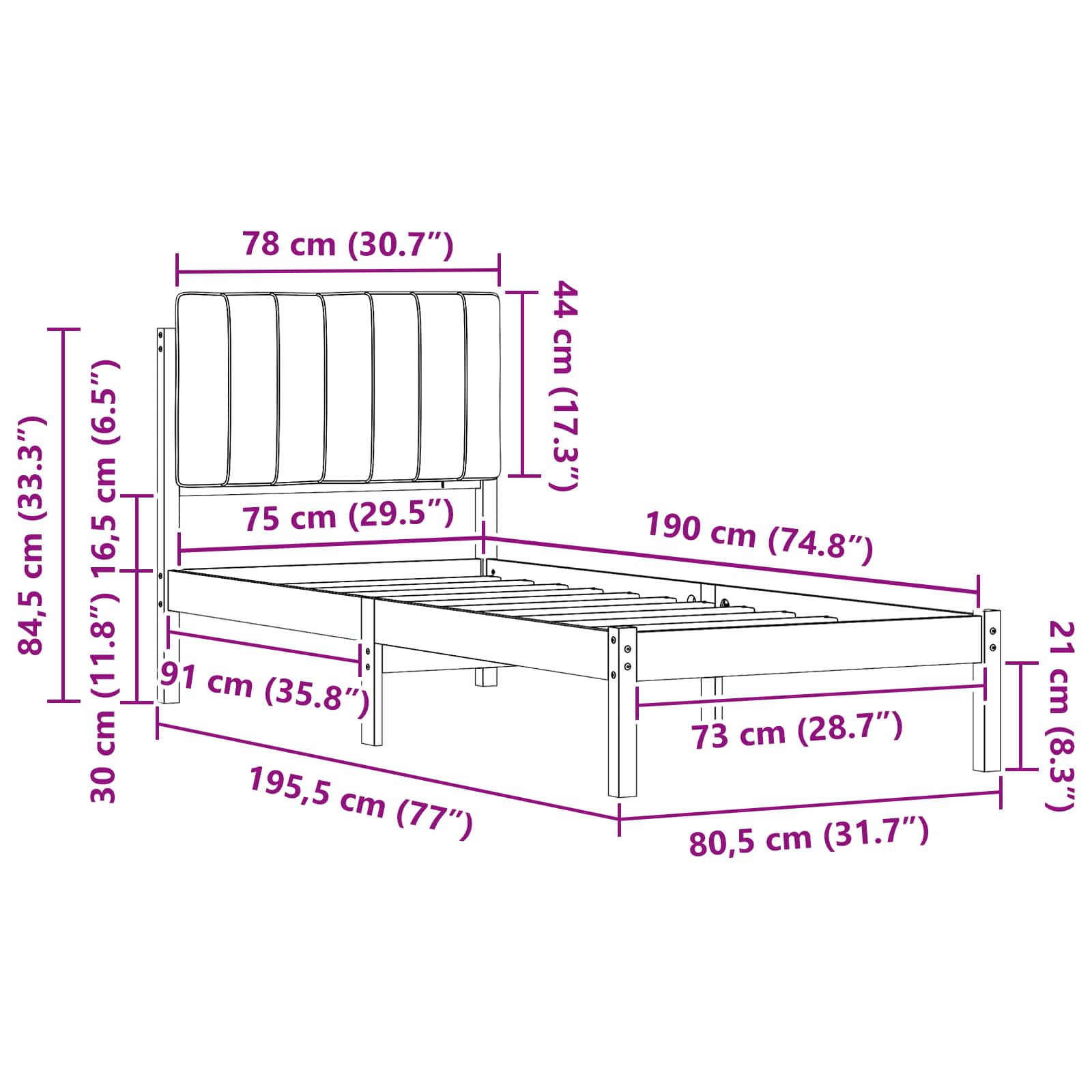 Bettgestell mit gepolstertem Kopfteil Schwarz 75 x 190 cm