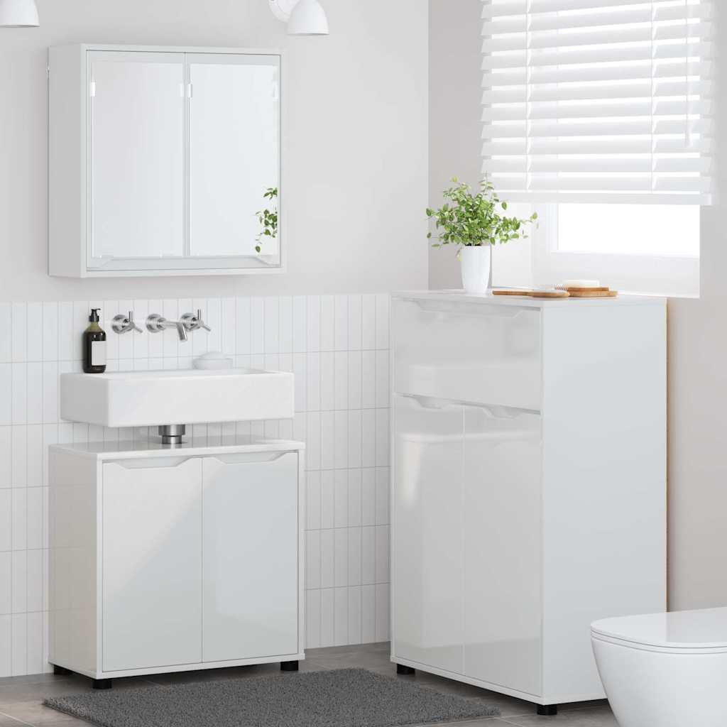 Badezimmermöbel-Set Mit Rad 3 pcs Hochglanz Weiß Holzwerkstoff