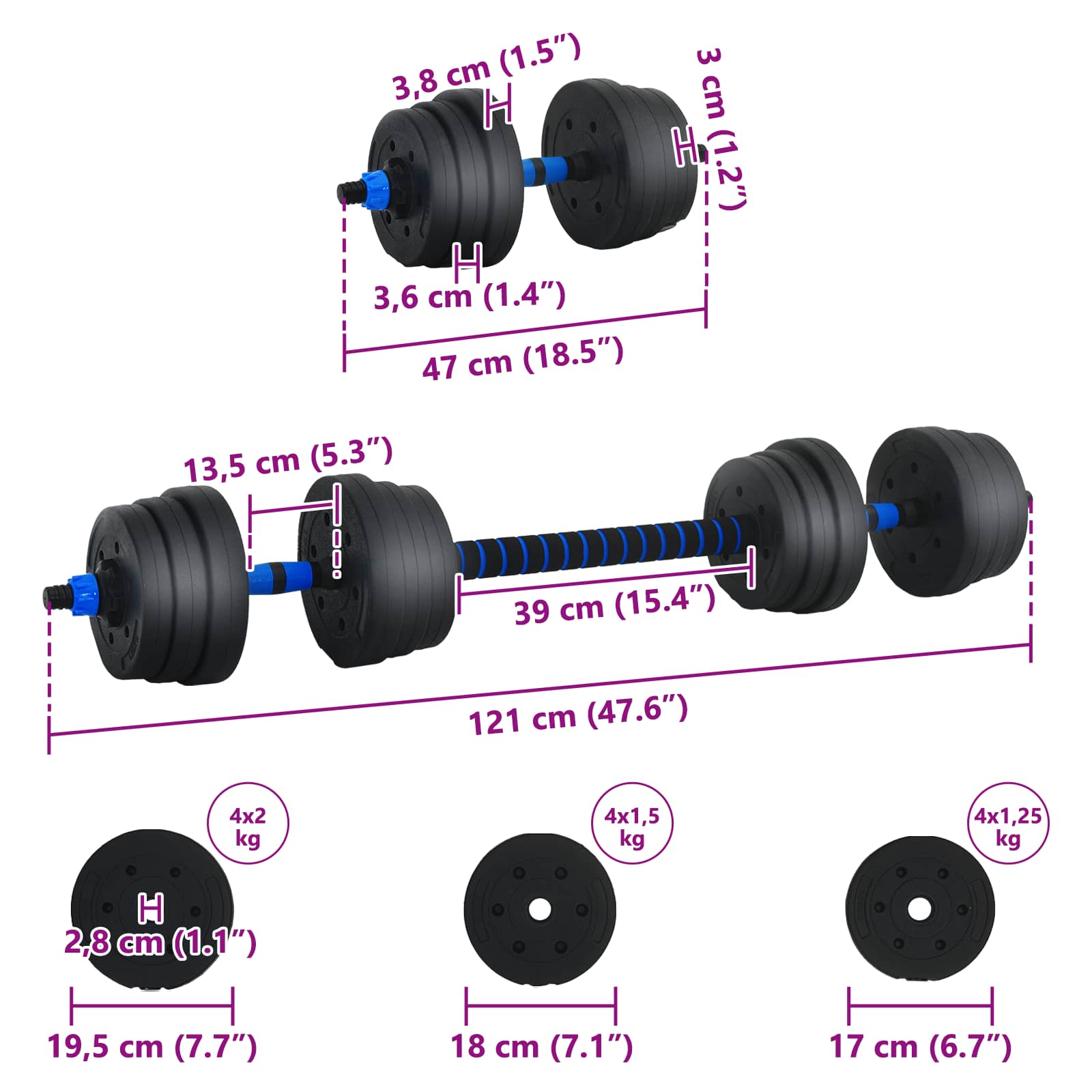 2-in-1 Hantelset 30kg Schwarz und Blau Zement und Eisensand