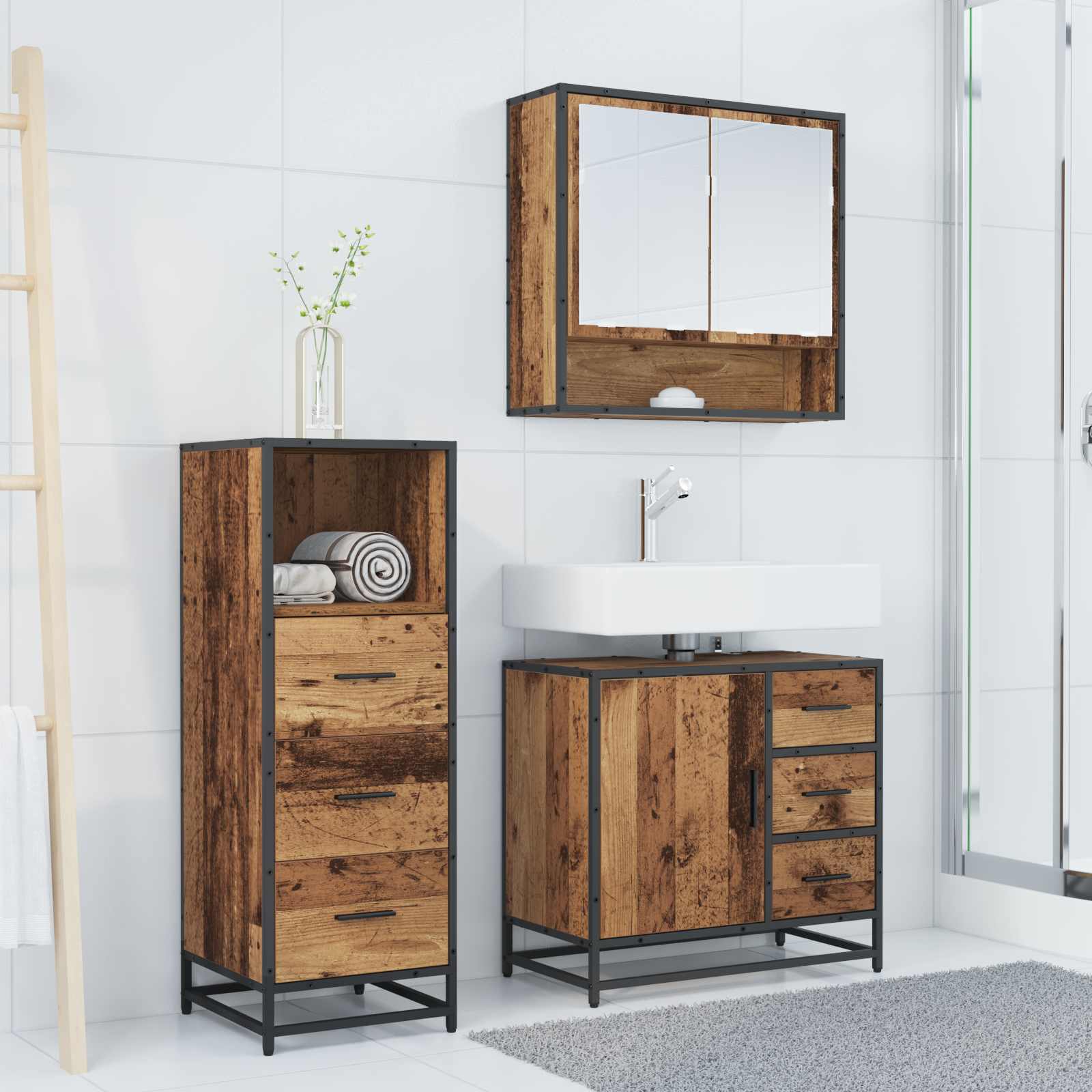 Badezimmermöbel-Set mit Schubladen 3 pcs Altholz Holzwerkstoff