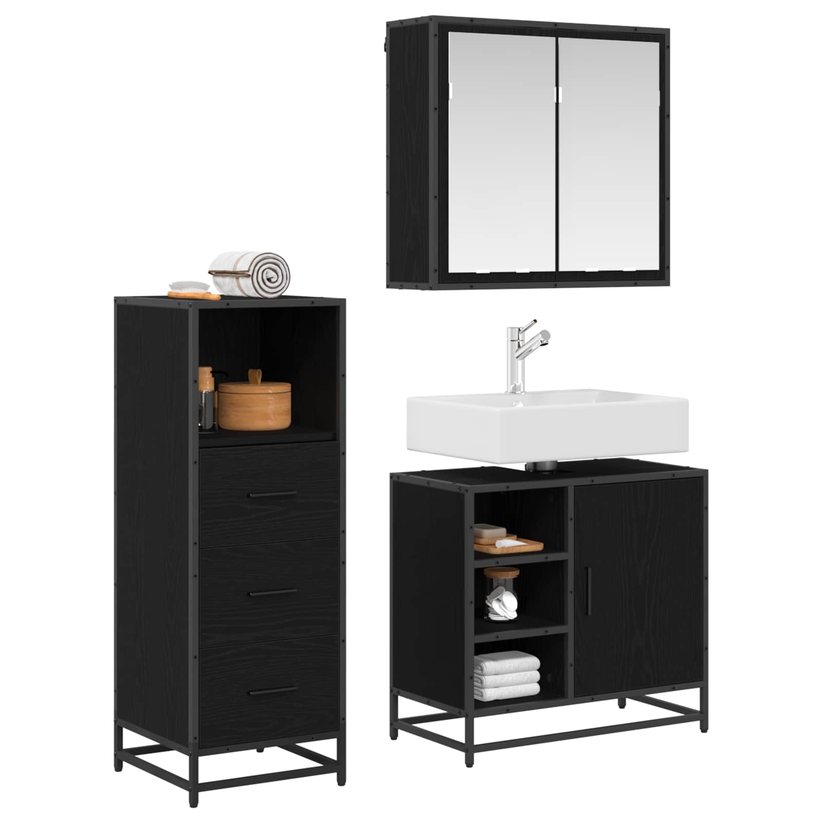 Badezimmermöbel-Set 3 pcs Schwarz Eichen-Optik Holzwerkstoff