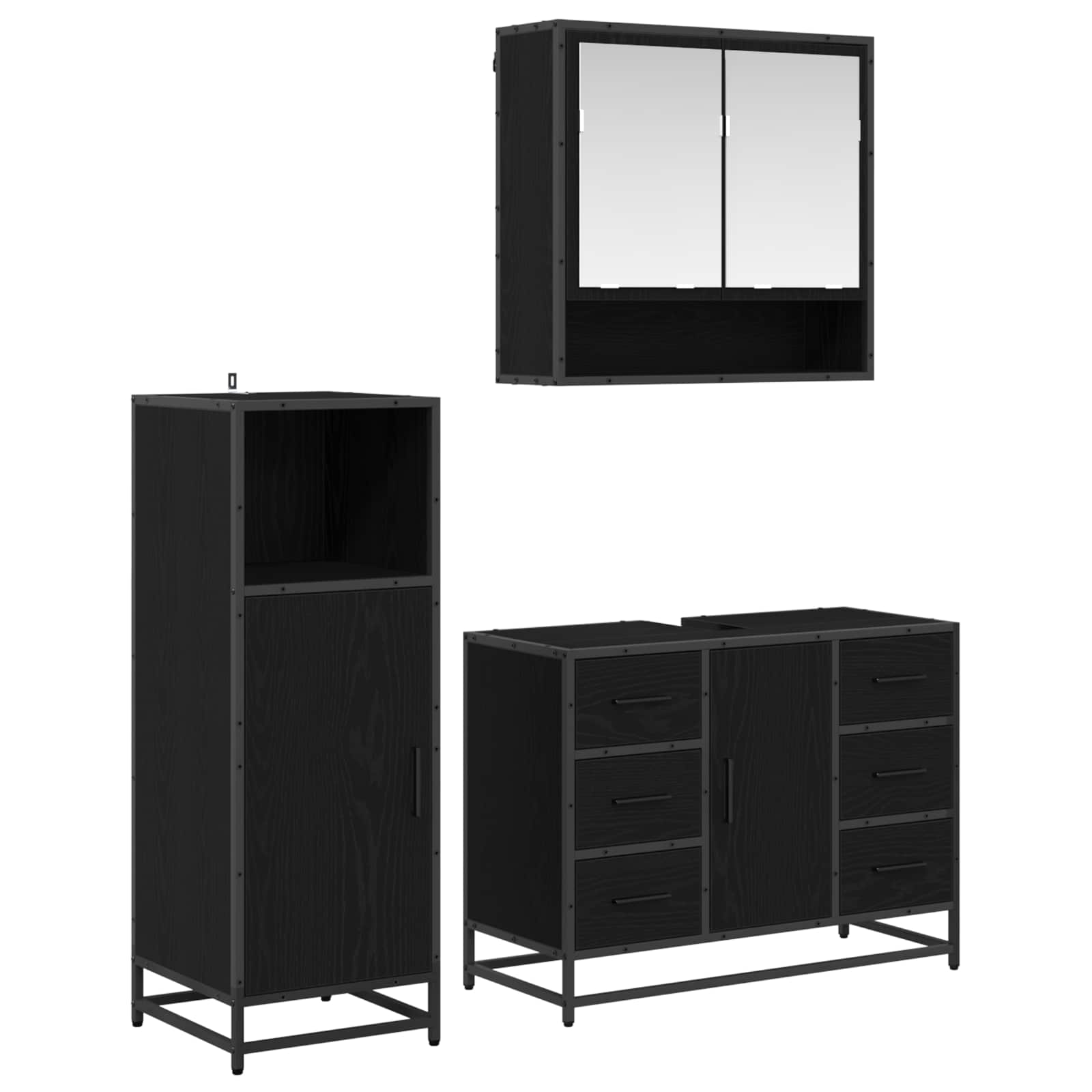 Badezimmermöbel-Set 3 pcs Schwarz Eichen-Optik Holzwerkstoff