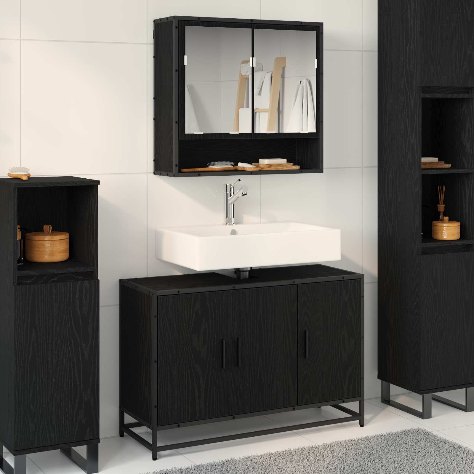 Badezimmermöbel-Set 2 pcs Schwarz Eichen-Optik Holzwerkstoff