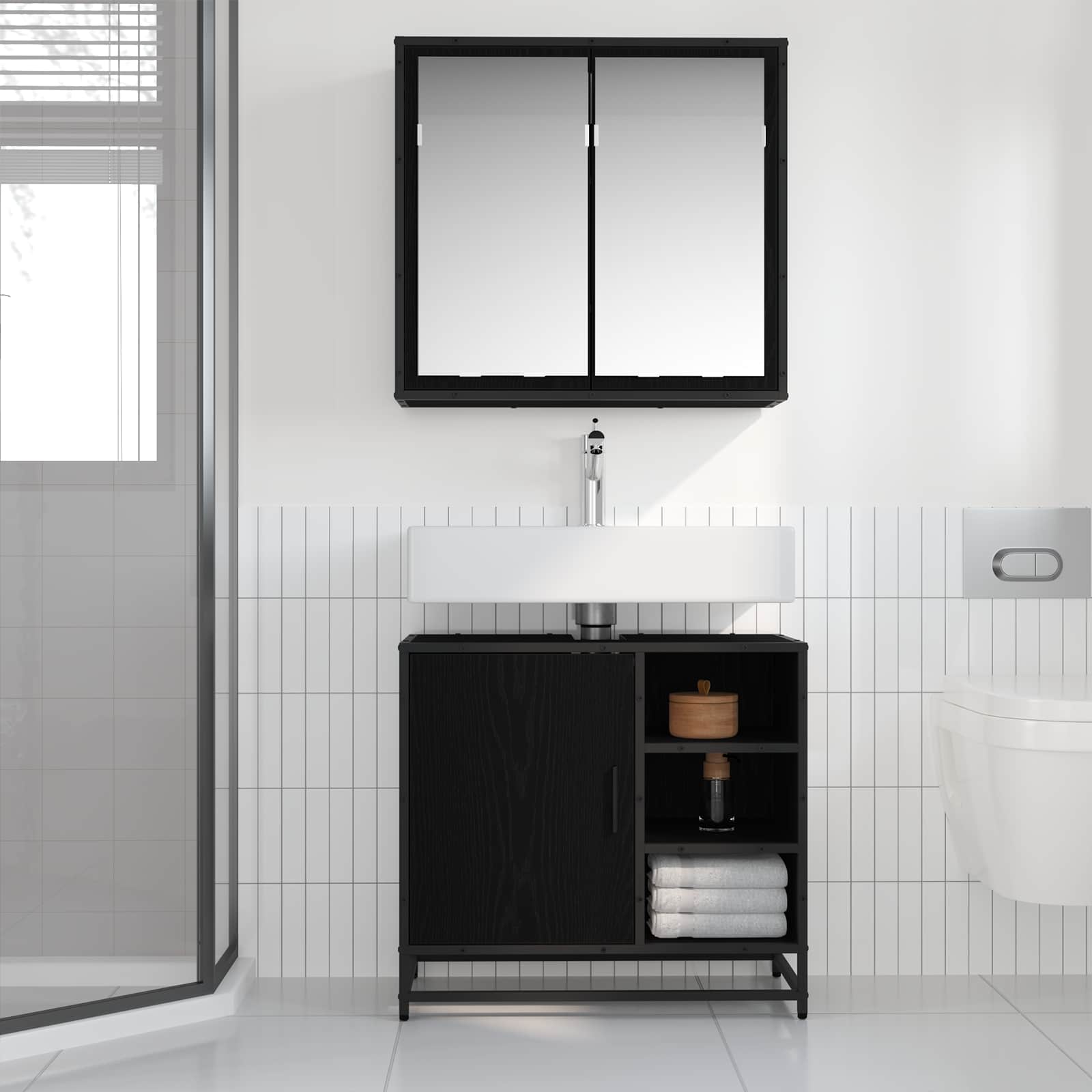 Badezimmermöbel-Set 2 pcs Schwarz Eichen-Optik Holzwerkstoff