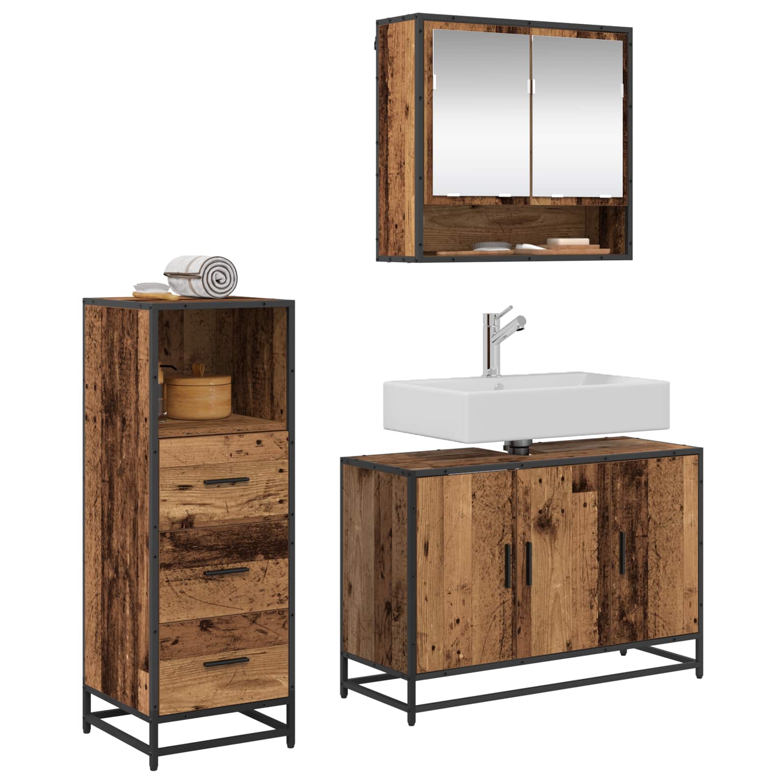 Badezimmermöbel-Set mit Schubladen 3 pcs Altholz Holzwerkstoff