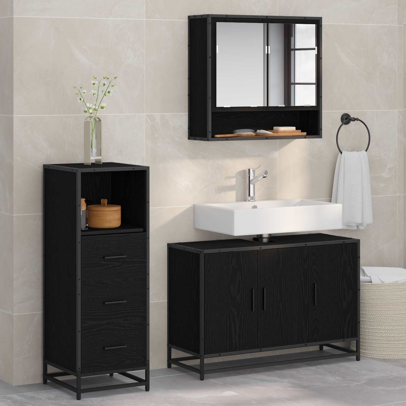 Badezimmermöbel-Set 3 pcs Schwarz Eichen-Optik Holzwerkstoff