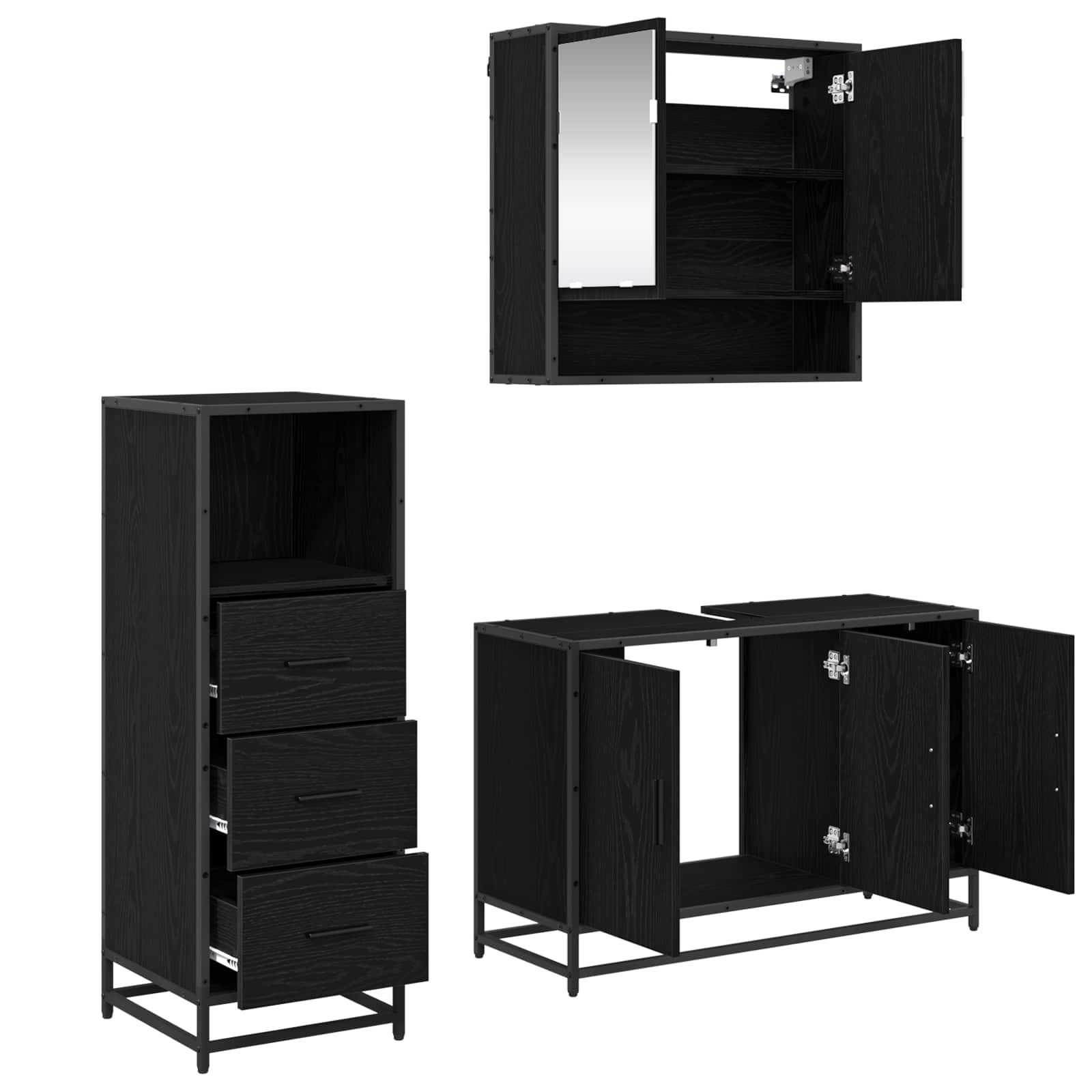 Badezimmermöbel-Set 3 pcs Schwarz Eichen-Optik Holzwerkstoff