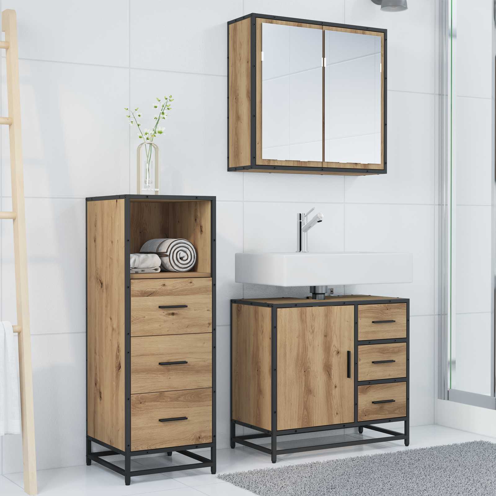 Badezimmermöbel-Set mit Regal 3 pcs Artisan-Eiche Holzwerkstoff