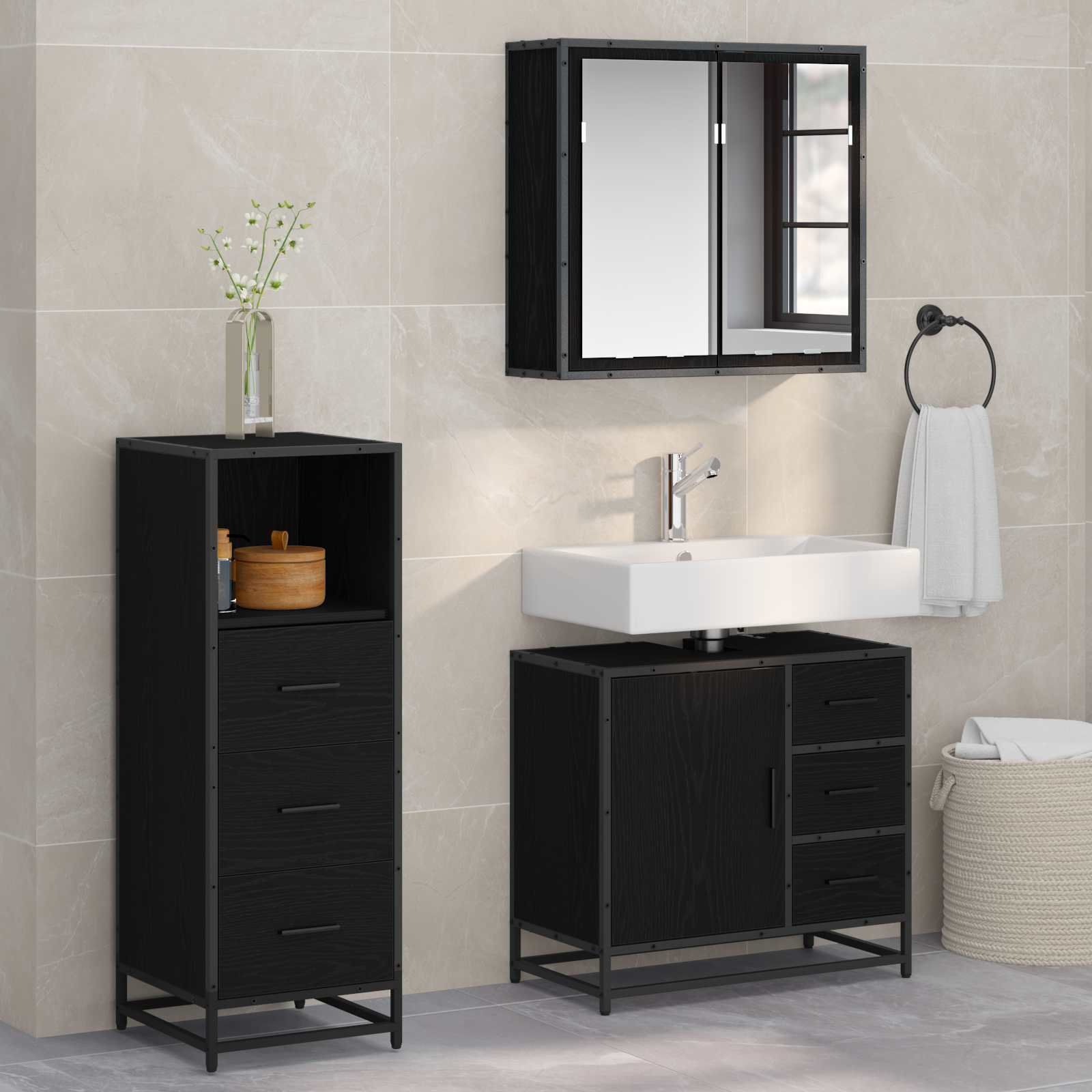 Badezimmermöbel-Set 3 pcs Schwarz Eichen-Optik Holzwerkstoff