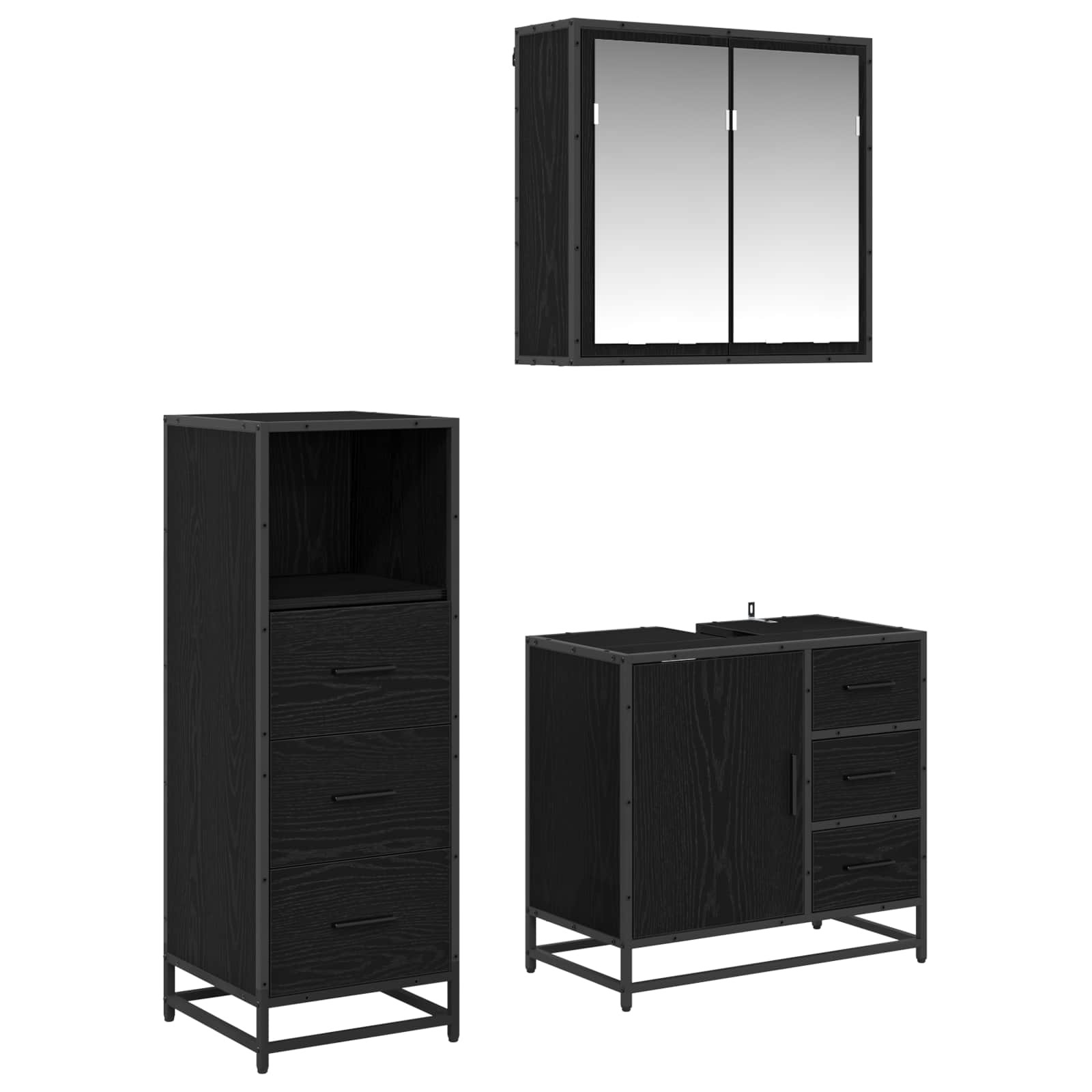 Badezimmermöbel-Set 3 pcs Schwarz Eichen-Optik Holzwerkstoff