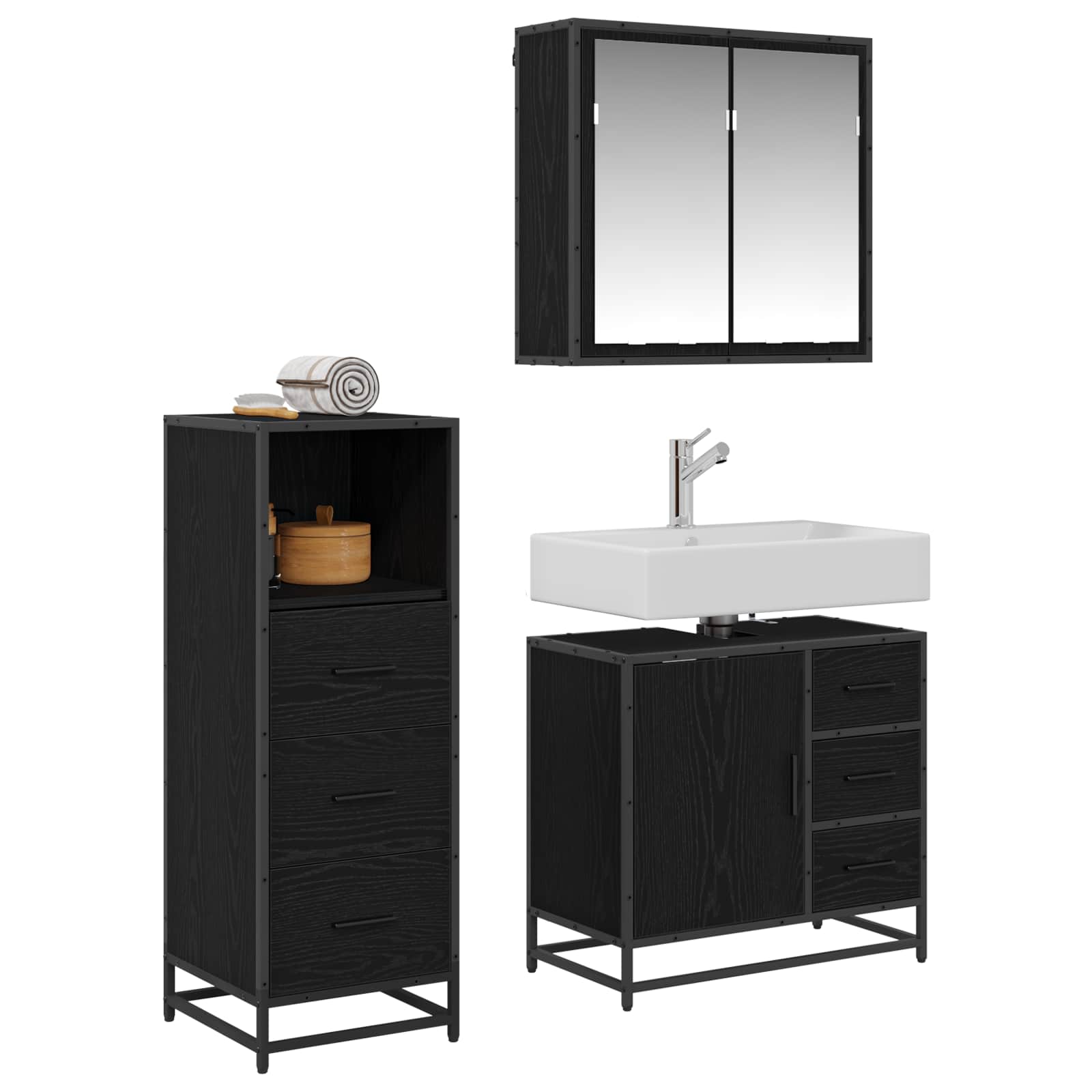 Badezimmermöbel-Set 3 pcs Schwarz Eichen-Optik Holzwerkstoff