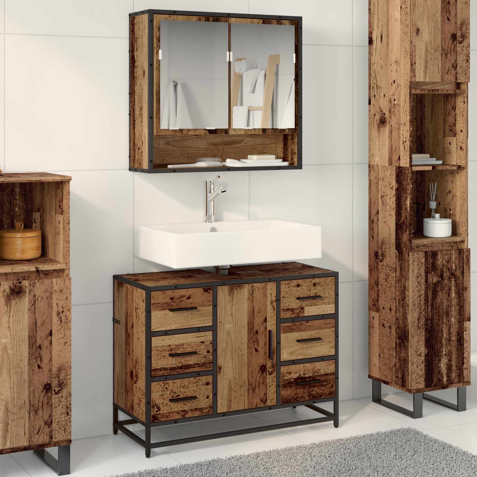 Badezimmermöbel-Set mit Schubladen 2 pcs Altholz Holzwerkstoff