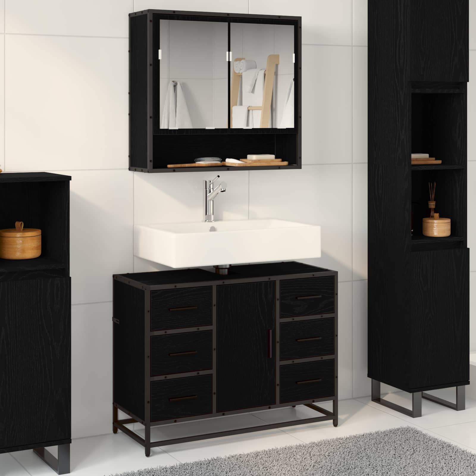 Badezimmermöbel-Set 2 pcs Schwarz Eichen-Optik Holzwerkstoff