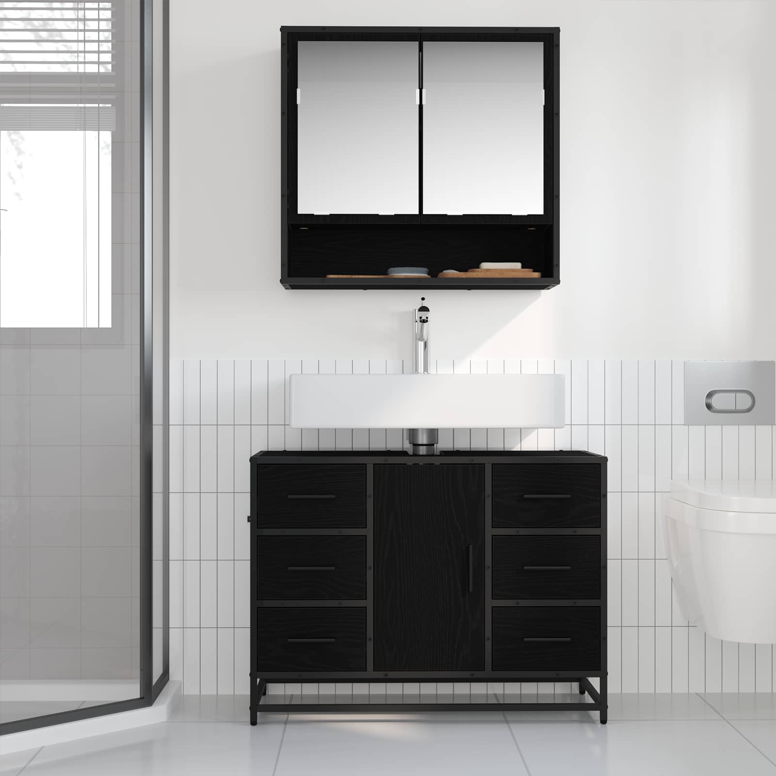 Badezimmermöbel-Set 2 pcs Schwarz Eichen-Optik Holzwerkstoff