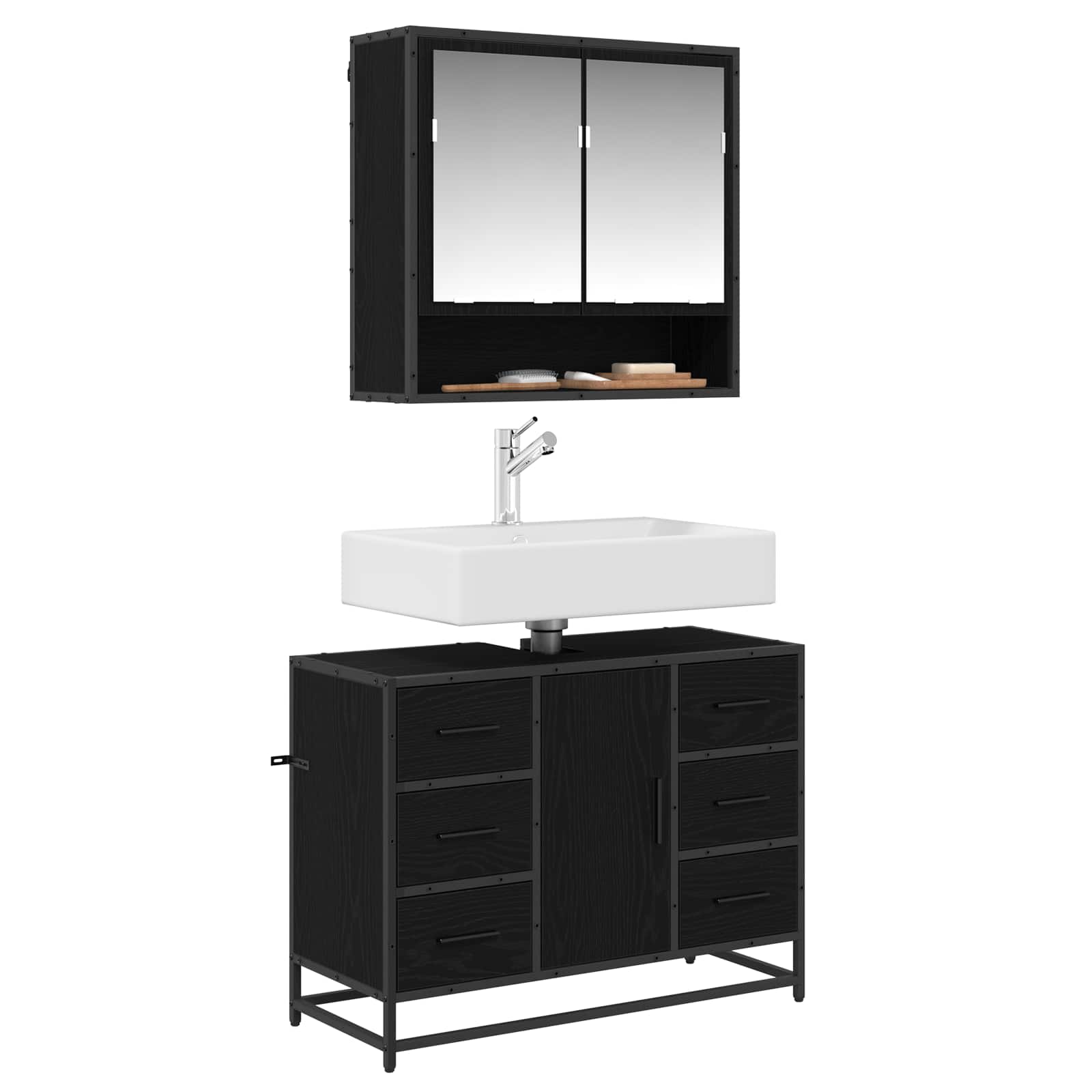 Badezimmermöbel-Set 2 pcs Schwarz Eichen-Optik Holzwerkstoff