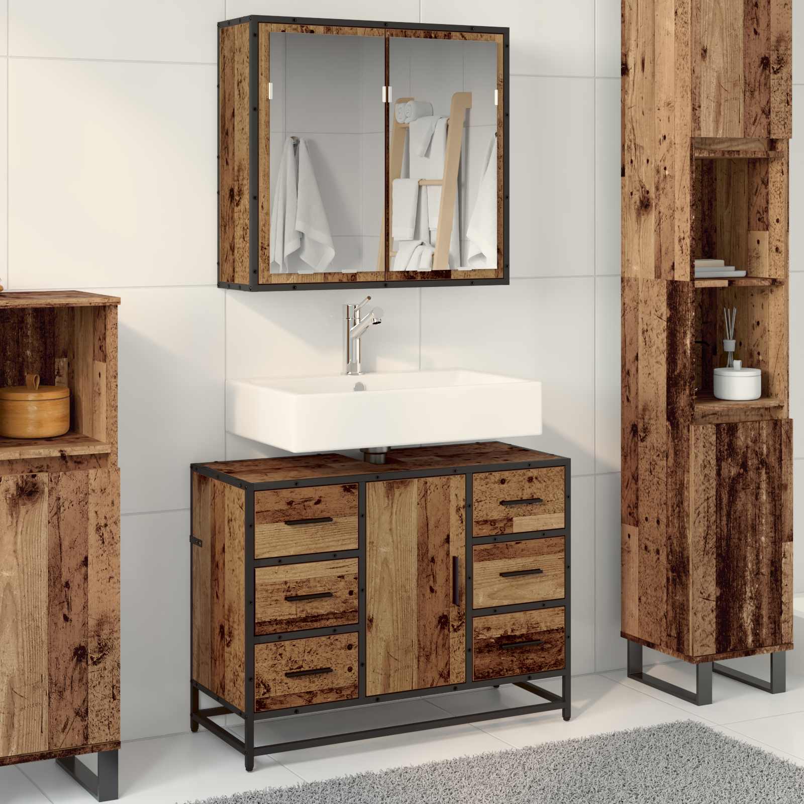Badezimmermöbel-Set mit Schubladen 2 pcs Altholz Holzwerkstoff