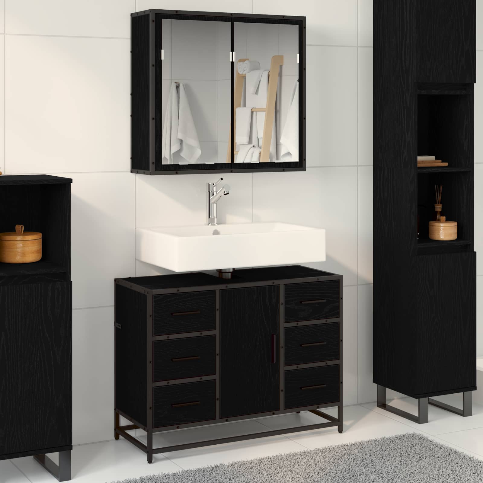 Badezimmermöbel-Set 2 pcs Schwarz Eichen-Optik Holzwerkstoff