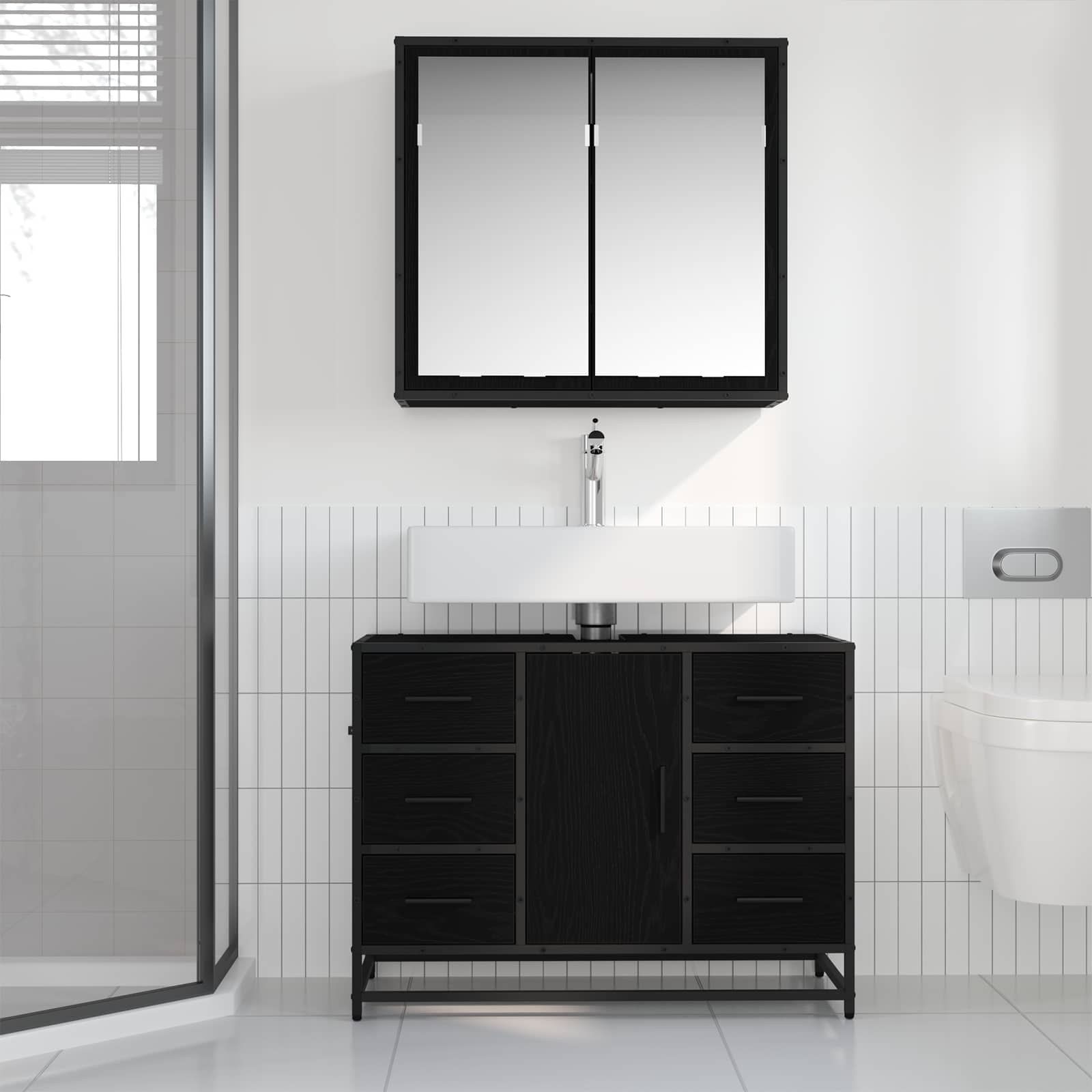 Badezimmermöbel-Set 2 pcs Schwarz Eichen-Optik Holzwerkstoff
