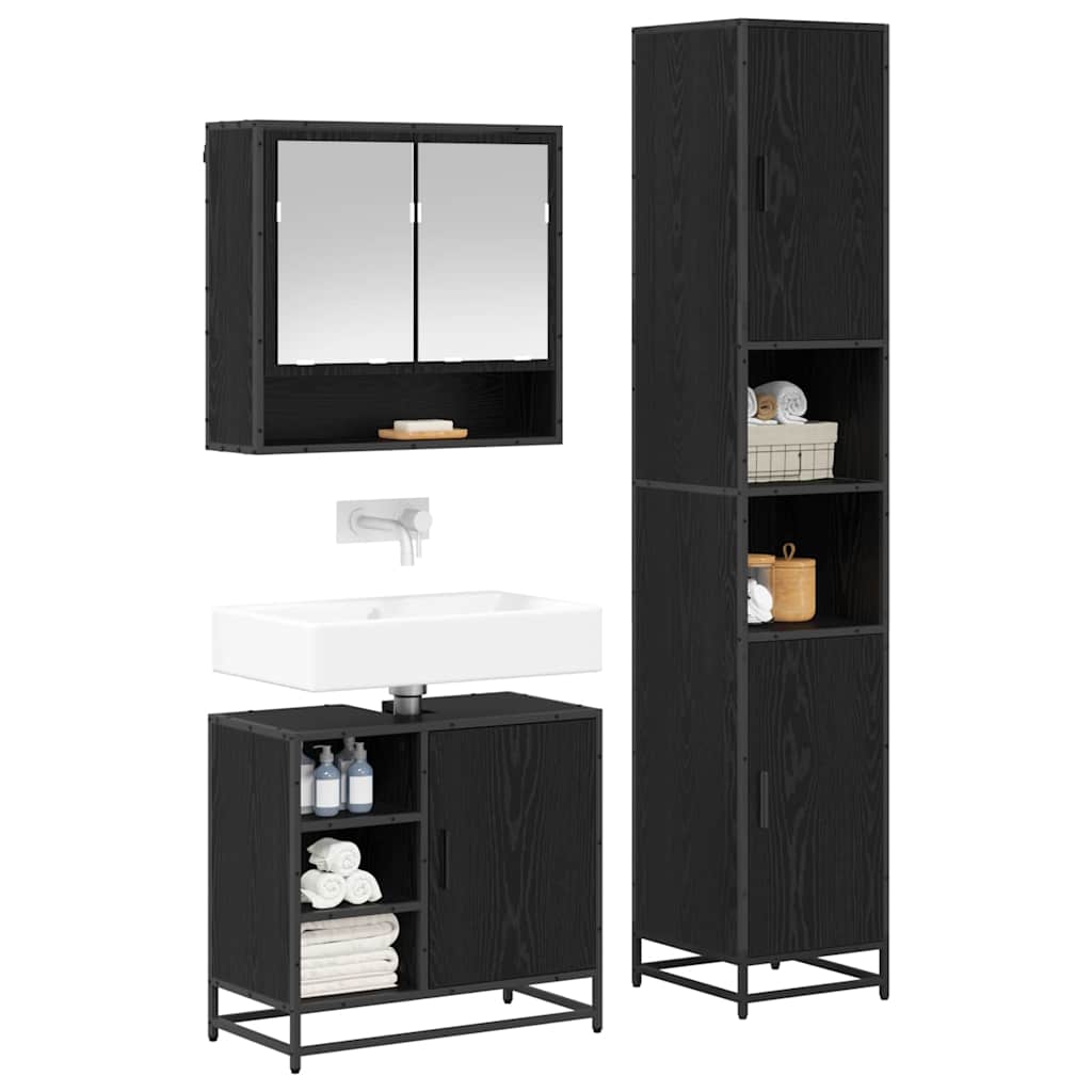 Badezimmermöbel-Set 3 pcs Schwarz Eichen-Optik Holzwerkstoff