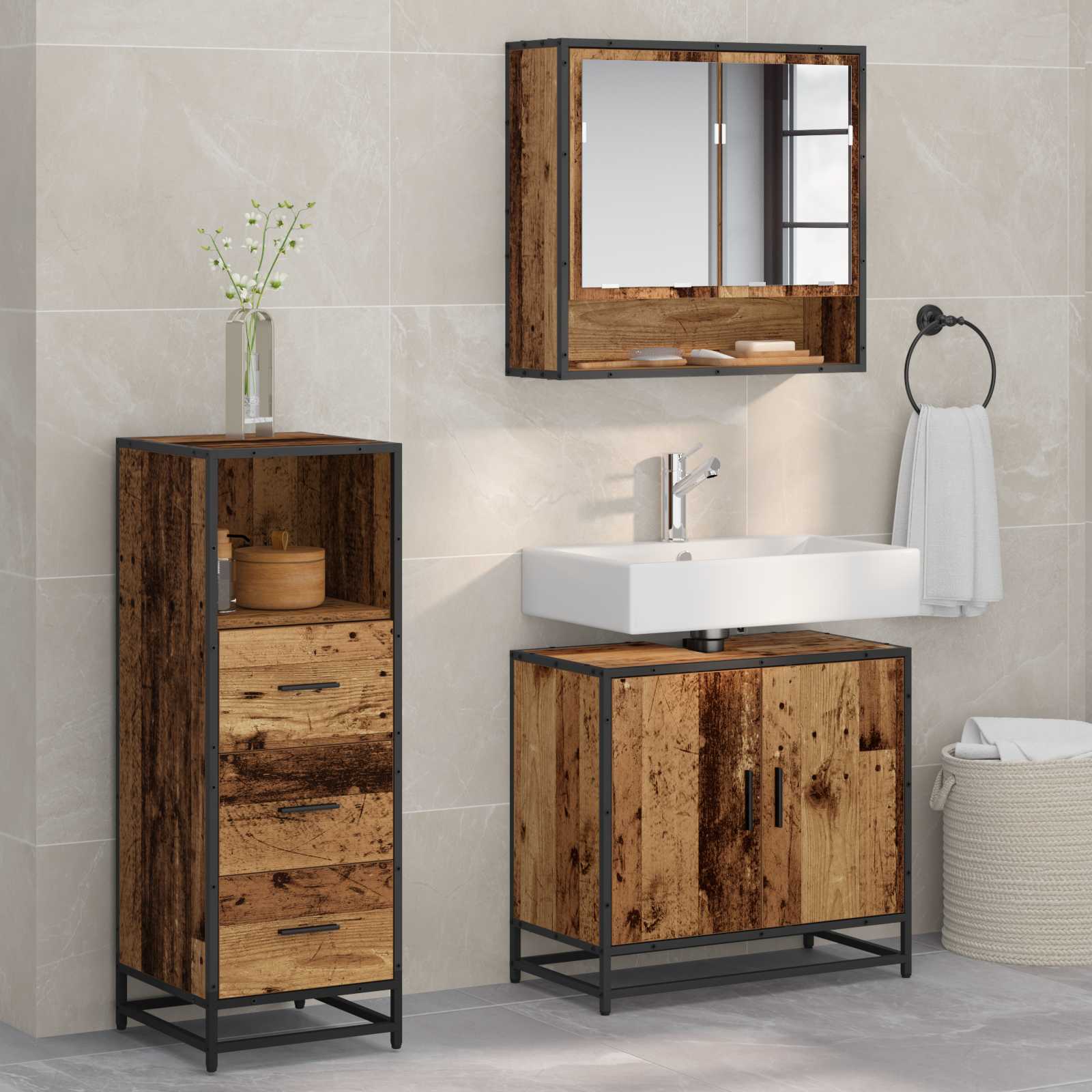 Badezimmermöbel-Set mit Schubladen 3 pcs Altholz Holzwerkstoff