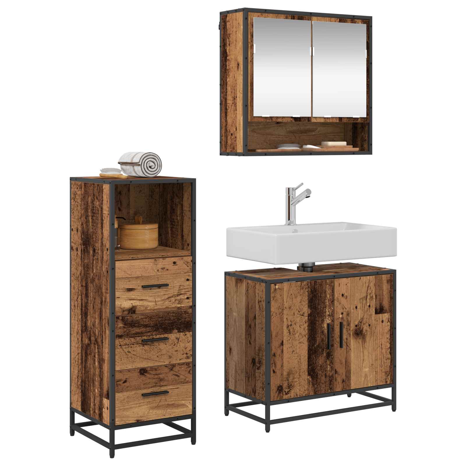 Badezimmermöbel-Set mit Schubladen 3 pcs Altholz Holzwerkstoff